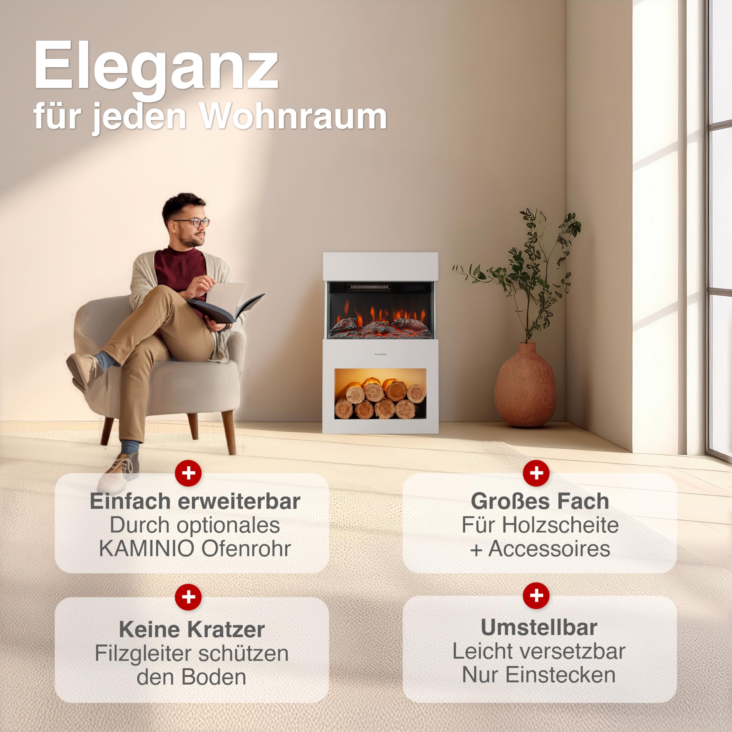 KAMINIO Elektrokamin Henri - Elektrischer Kaminofen mit Heizung, 3D-Flammeneffekt, Holzfach, LED-Ambientelicht, Fernbedienung (Weiß)