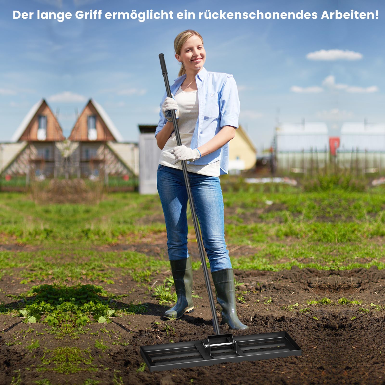RELAX4LIFE Rasen Nivellierrechen, 75 x 25 cm, Rasenrechen Metall, Rechen Garten mit 170 cm Stiel, Levelingrake Flächenebner zum Rasen Sand, Lawn Leveling Rake für Garten, Hof, Golfplatz, Schwarz