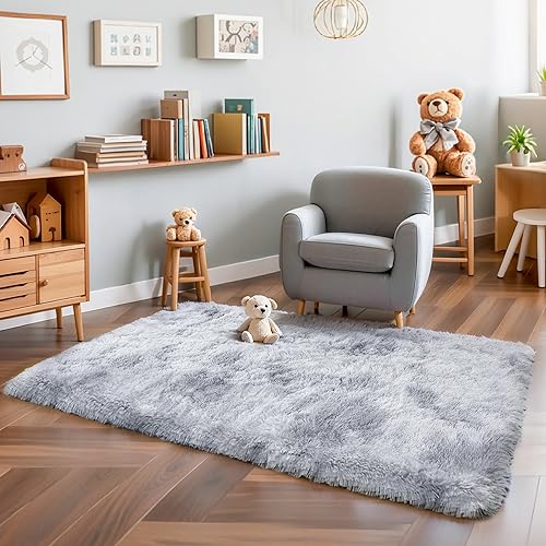 Miniatura 62 de Alfombras mullidas de 4 x 6 pies para dormitorio de niñas, alfombra de pelo largo lavable en arco iris para habitación de niños, guardería