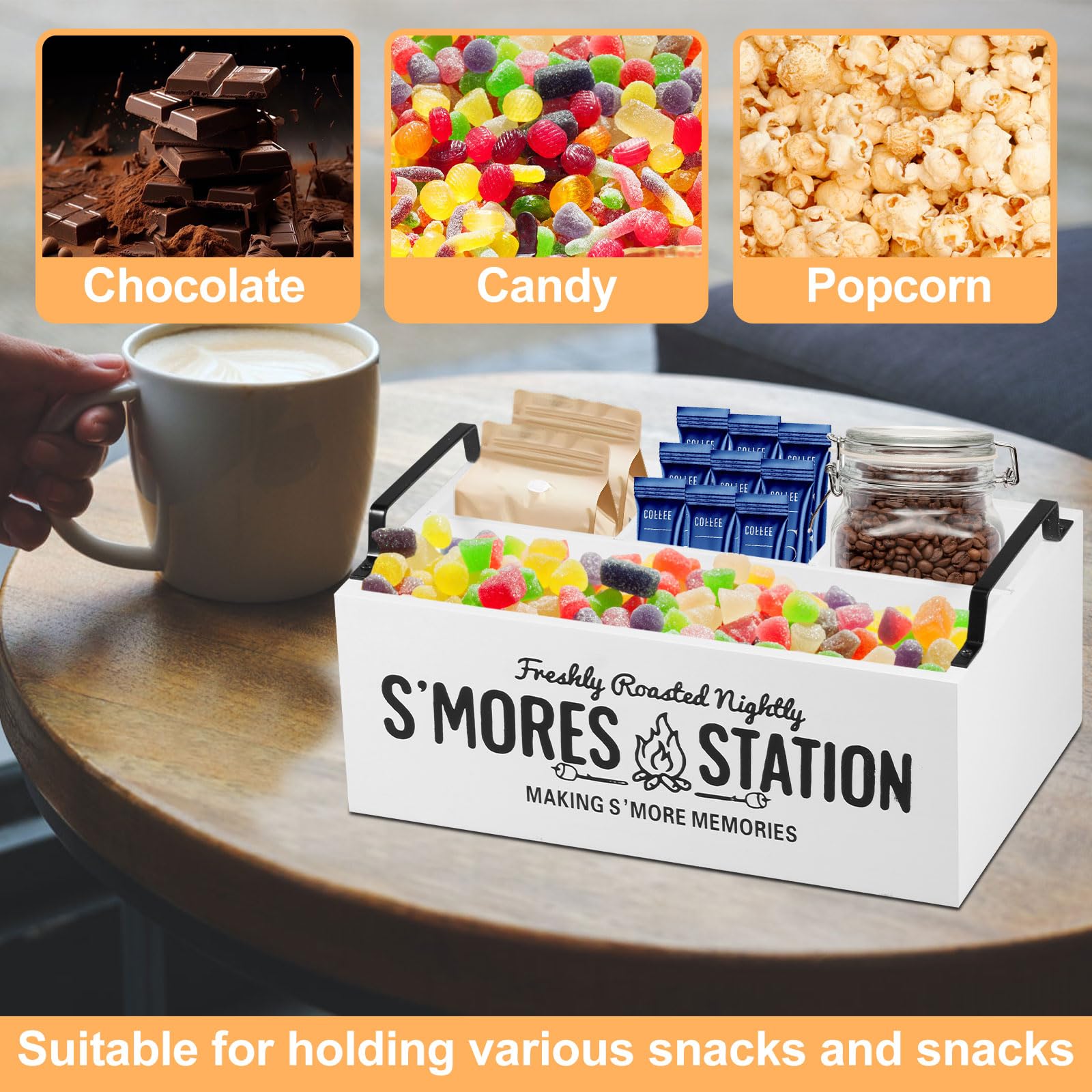 Somre's Station - Organizer per stazione di caffè in legno, con manici e 4 scomparti, 29 x 18,5 x 11 cm, contenitore rustico per accessori da tè, decorazione bar (bianco)