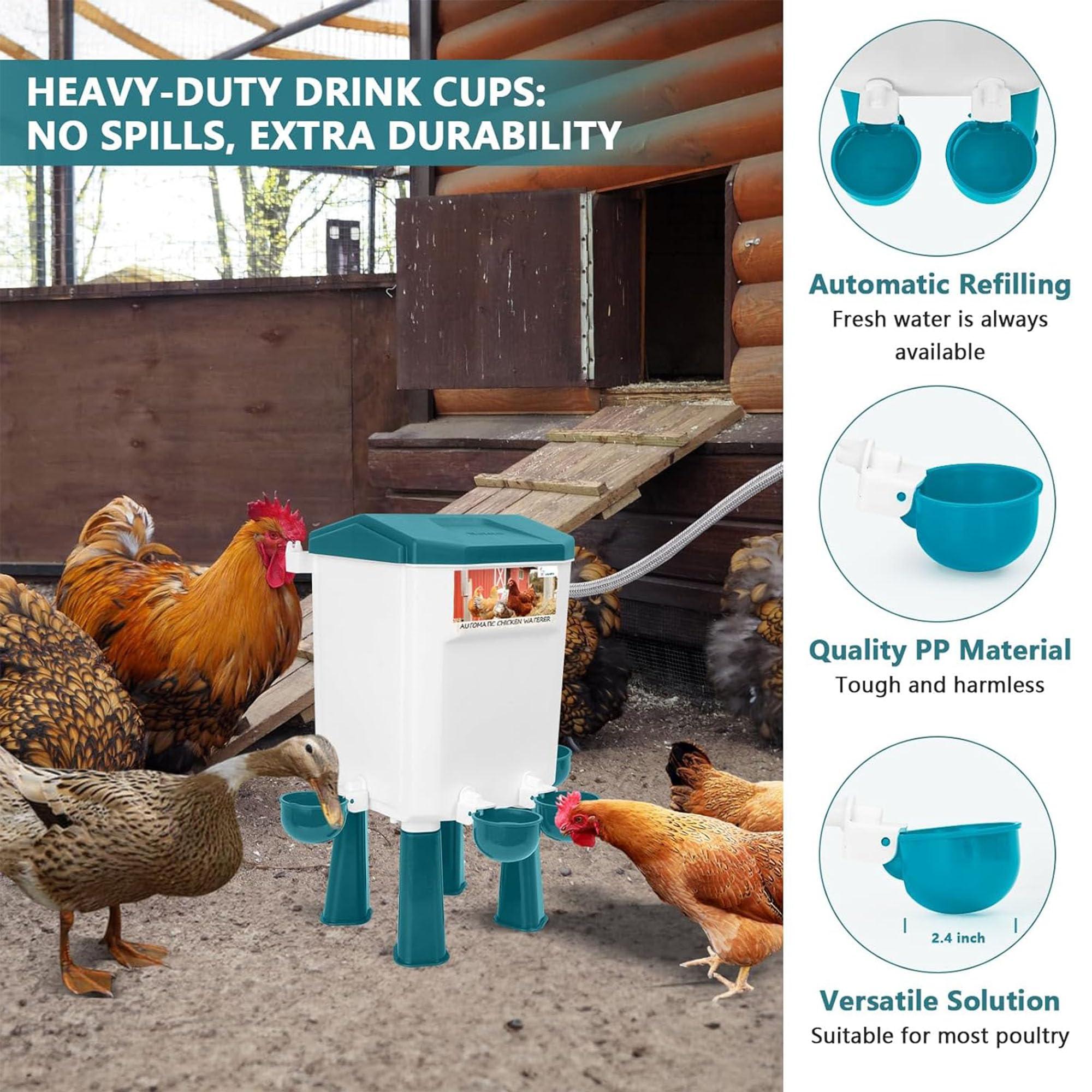 Regadera automática de pollo, bebedero de aves de corral independiente de 7 L con patas ajustables y manguera de acero inoxidable para un fácil acceso