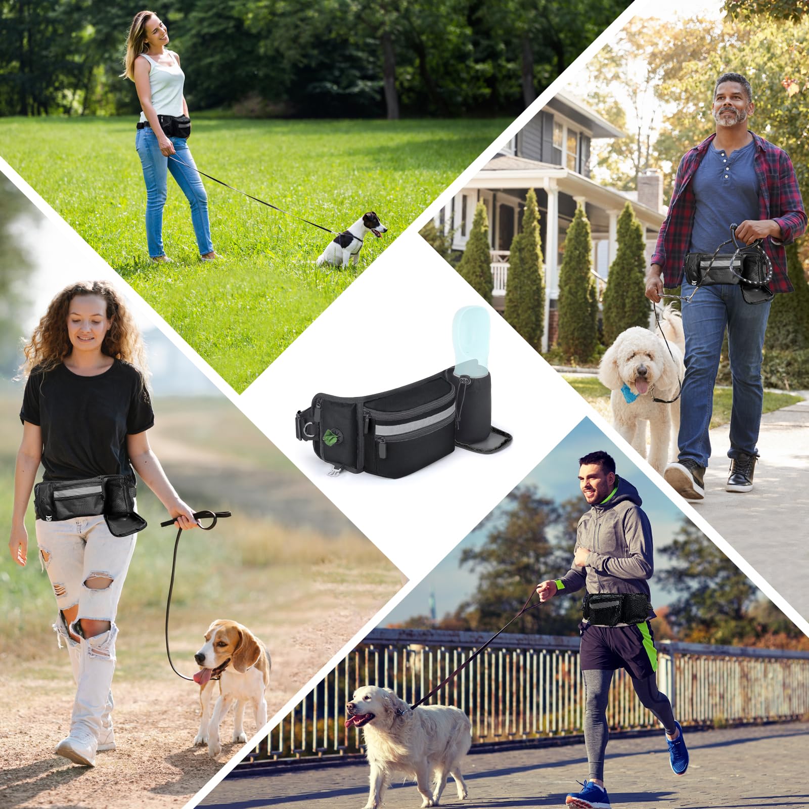 Borsa per cani e cani, borsa per cibo multifunzionale, per addestramento del cane, con dispenser per sacchetti, scomparto per cellulare e cintura per guinzagli flessibili, dolcetti e