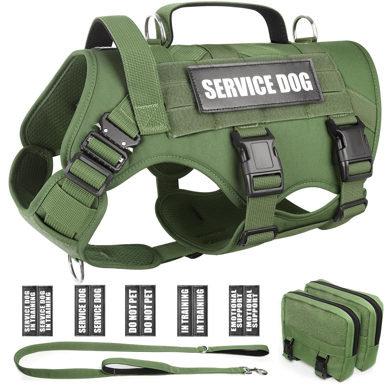 WINSEE Tactical Dog Harness with Dog Leash, Service Working MOLLE Vest with 10 Pet Patches for Dog, No Pull Military Harness and Backpack for Training Hunting Walking — image 1
