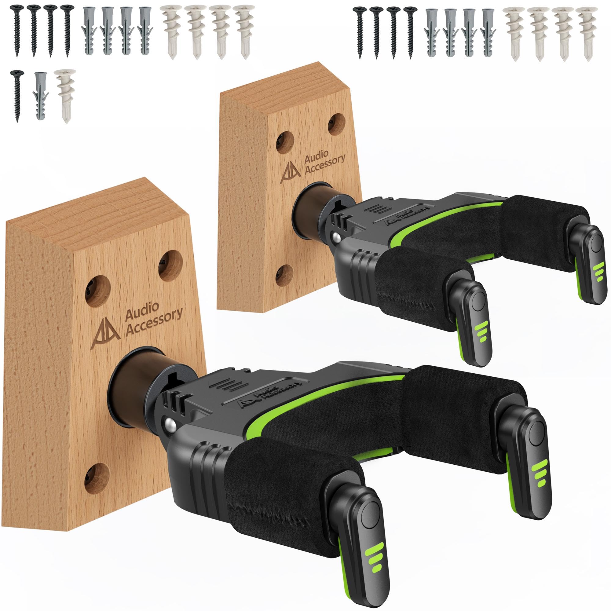 AA AUDIO ACCESSORY 2er-Pack Gitarrenhalter für die Wand mit Autoverriegelung, Nitro-freundlicher Samthaken, 4-Schrauben-Holzfuß, bis 9 kg Tragfähigkeit für Bass, Akustik-, Klassik- und E-Gitarre