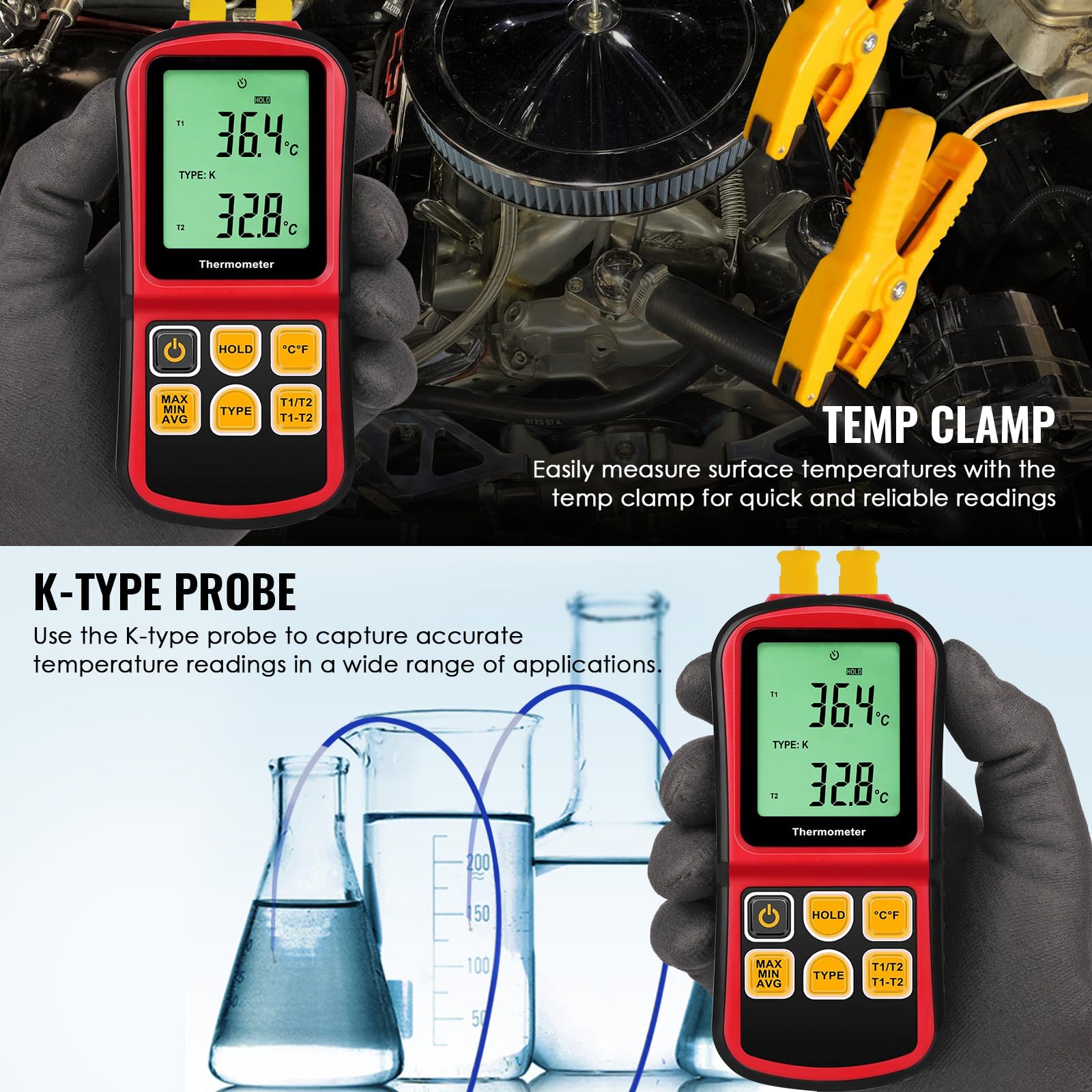 Termometro a termocoppia a doppio canale Tipo K/J/T/E/R/S/N -150~1767 °C Misuratore di temperatura digitale Retroilluminazione 2 sonde