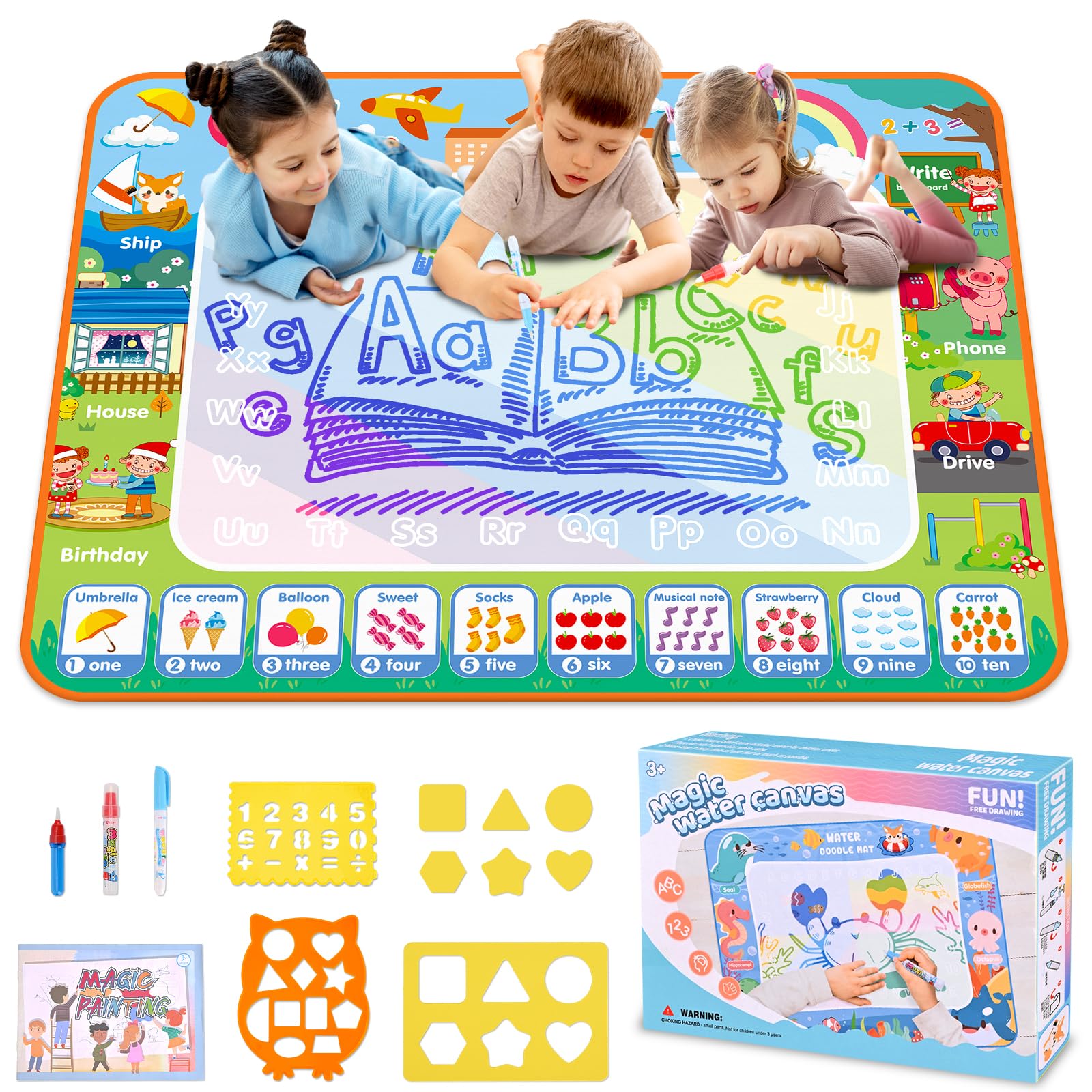 Lanvixo Agua Dibujo Pintura 100×80cm, Grande Doodle Alfombra Mágica de Agua con 3 Bolígrafos Doodle, Reutilizable Juguetes & Regalo Niños 2 3 4 5 6 Años Niños y Niñas, Educación