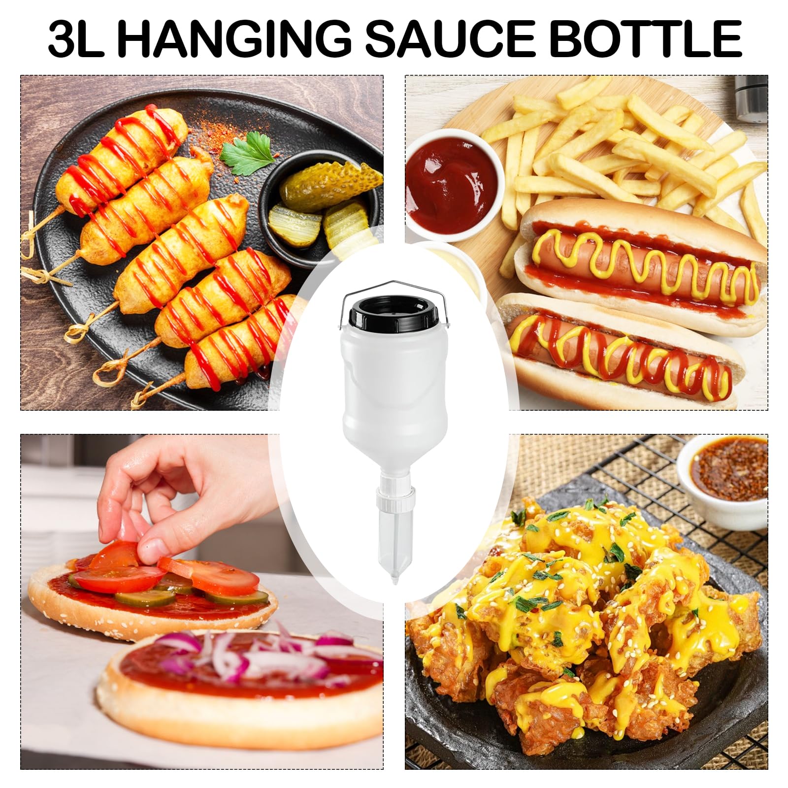 Bottiglia Squeeze per Salse da Appendere, Dispenser per Salse da 3 Litri, Bottiglia Squeeze Ricaricabile Dispenser per Ketchup - a Prova di Perdite per Spezie, Senape, Mayo, Salse piccanti