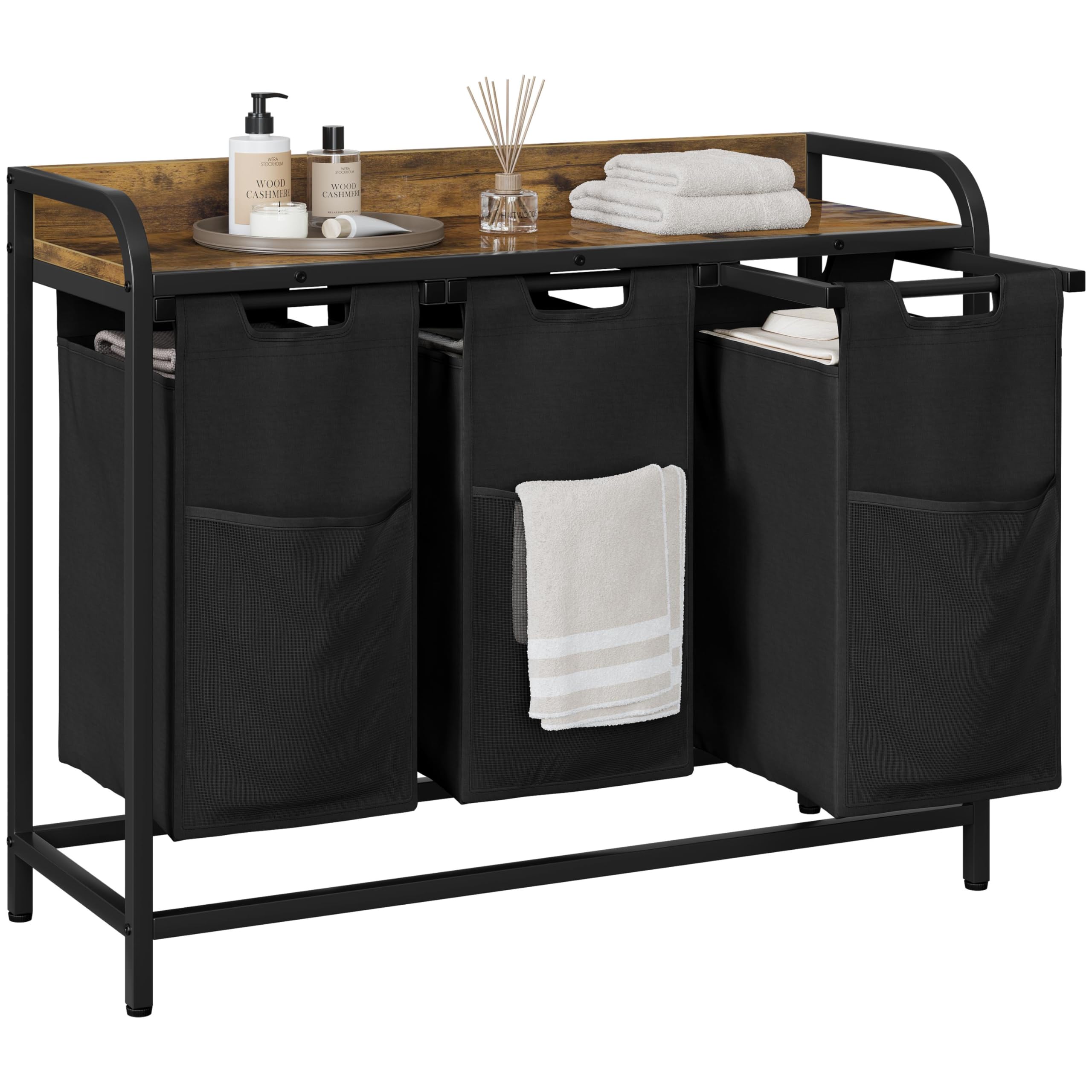 Yaheetech Laundry Basket, 3 Compartments Laundry Hamper with Shelf and Pull-out Removable Bags, Clothes Sorter, Metal Frame, 3 x 40 L Rustic Brown