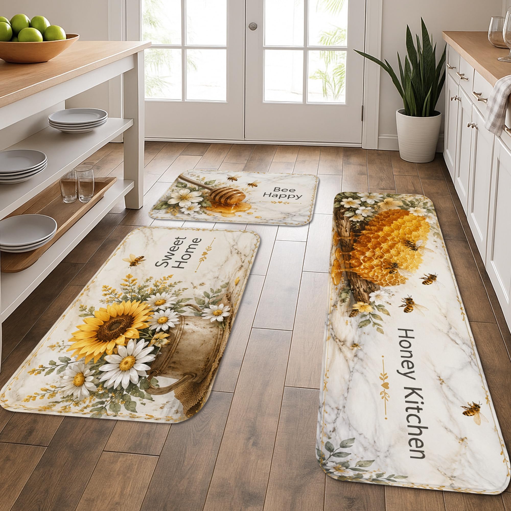 Tapis de cuisine au motif floral d'abeille pour une décoration de cuisine ensoleillée