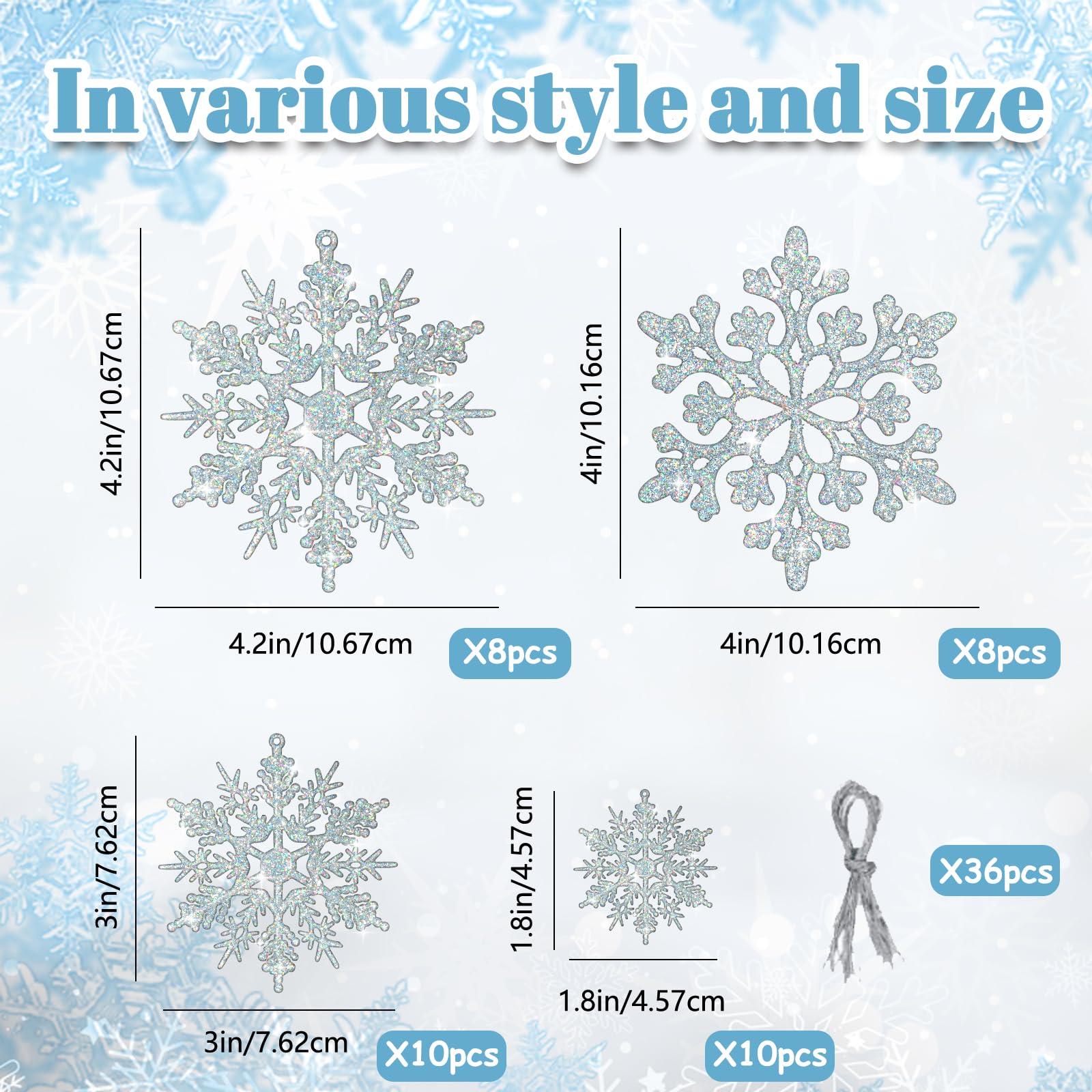 36 Stück schillernde silberne Weihnachts-Schneeflocken-Ornamente, Kunststoff funkelnde Glitzer-hängende Schneeflocken für Weihnachtsbaumschmuck, Winterwunderland, Frozengeburtstag, Party, Urlaub