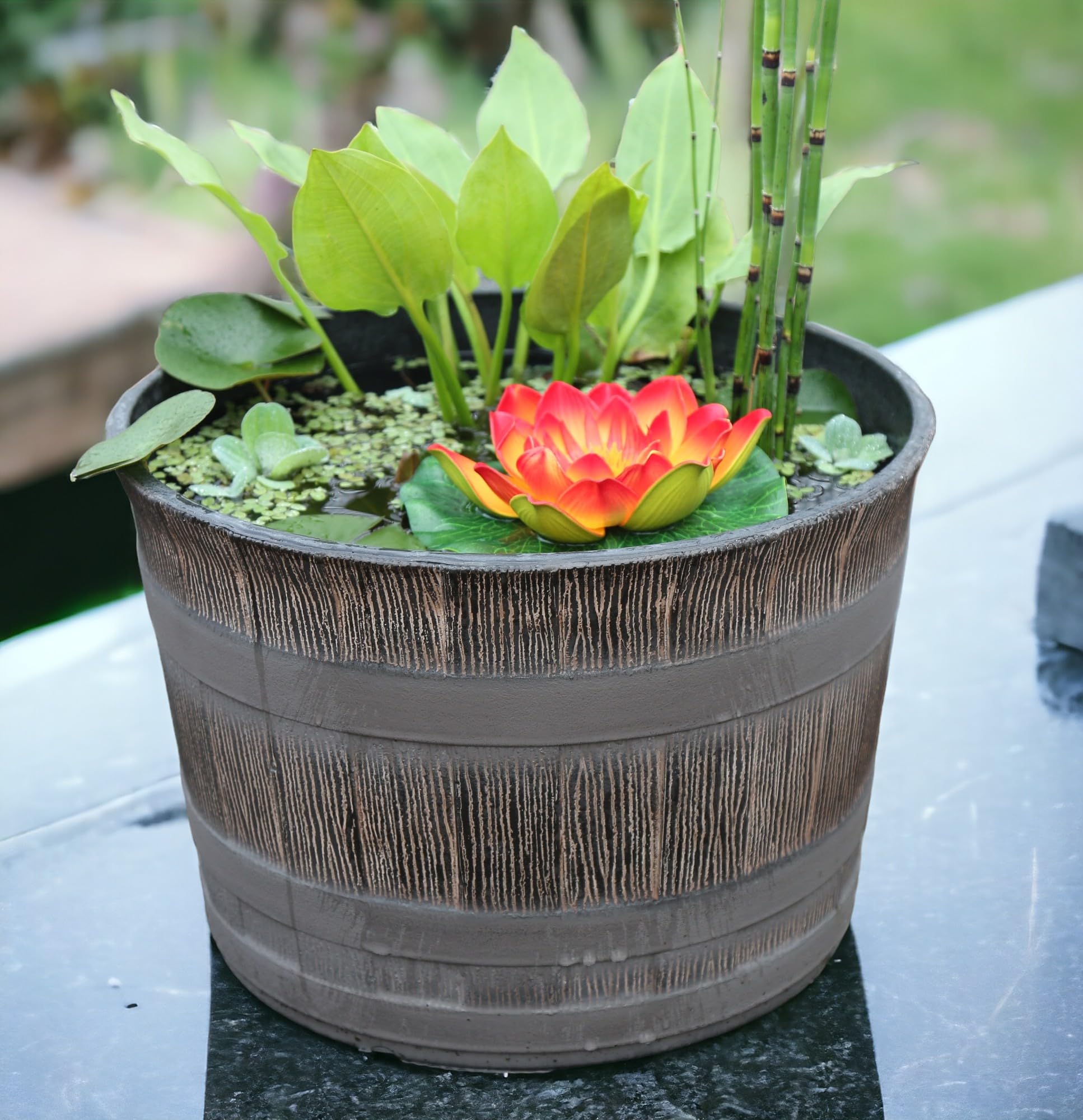 Jinfa 1 Macetero Grandes Exterior de plástico Efecto Madera | Color Roble | Diseño Medio Barril | Ø 36 cm