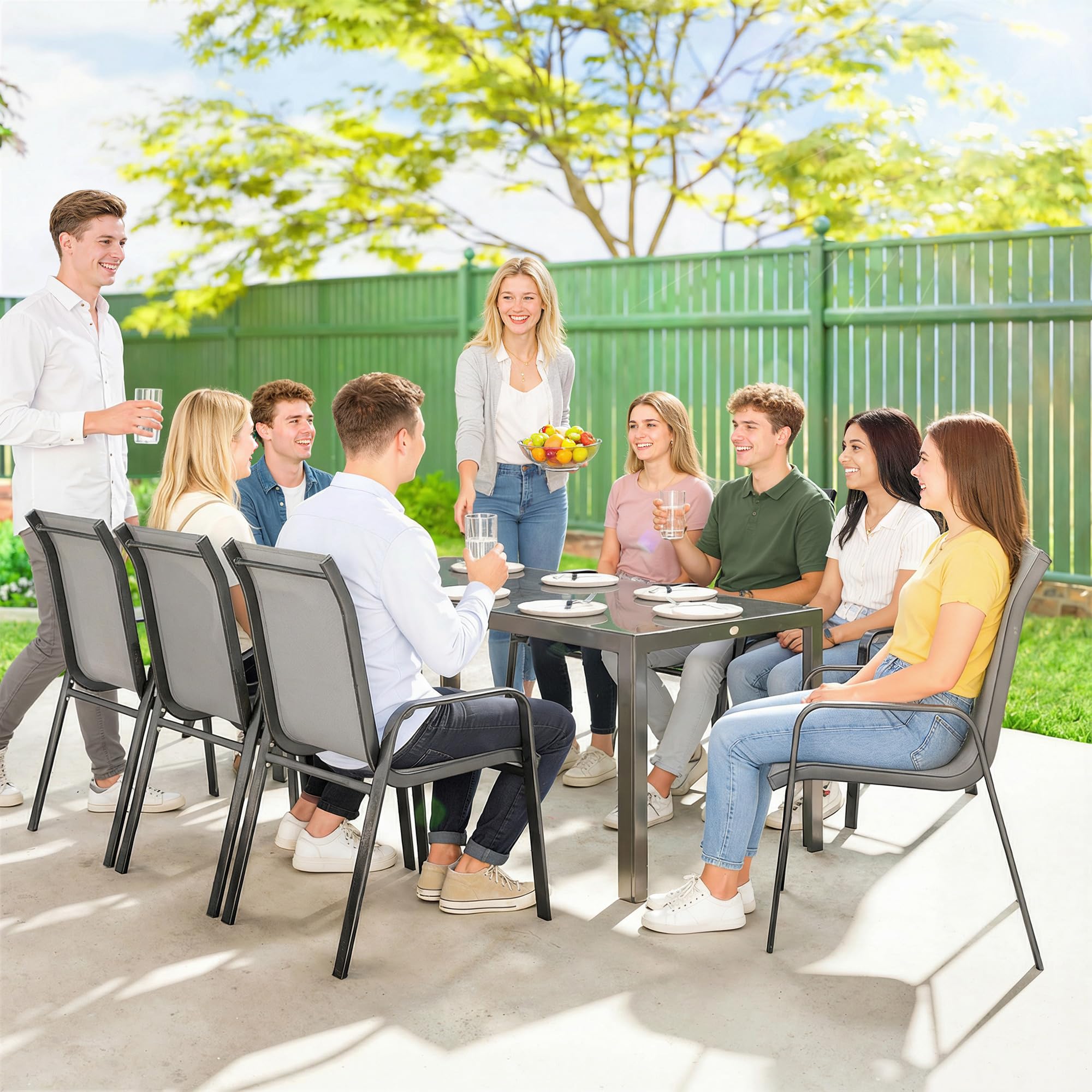 Outsunny Set Tavolo e Sedie da Giardino 9 Pezzi, Set Pranzo Esterno con Tavolo in Vetro Temperato, 8 Sedie Impilabili in Texteline, Set Mobili da Giardino per Terrazza Balcone Patio, Grigio Chiaro