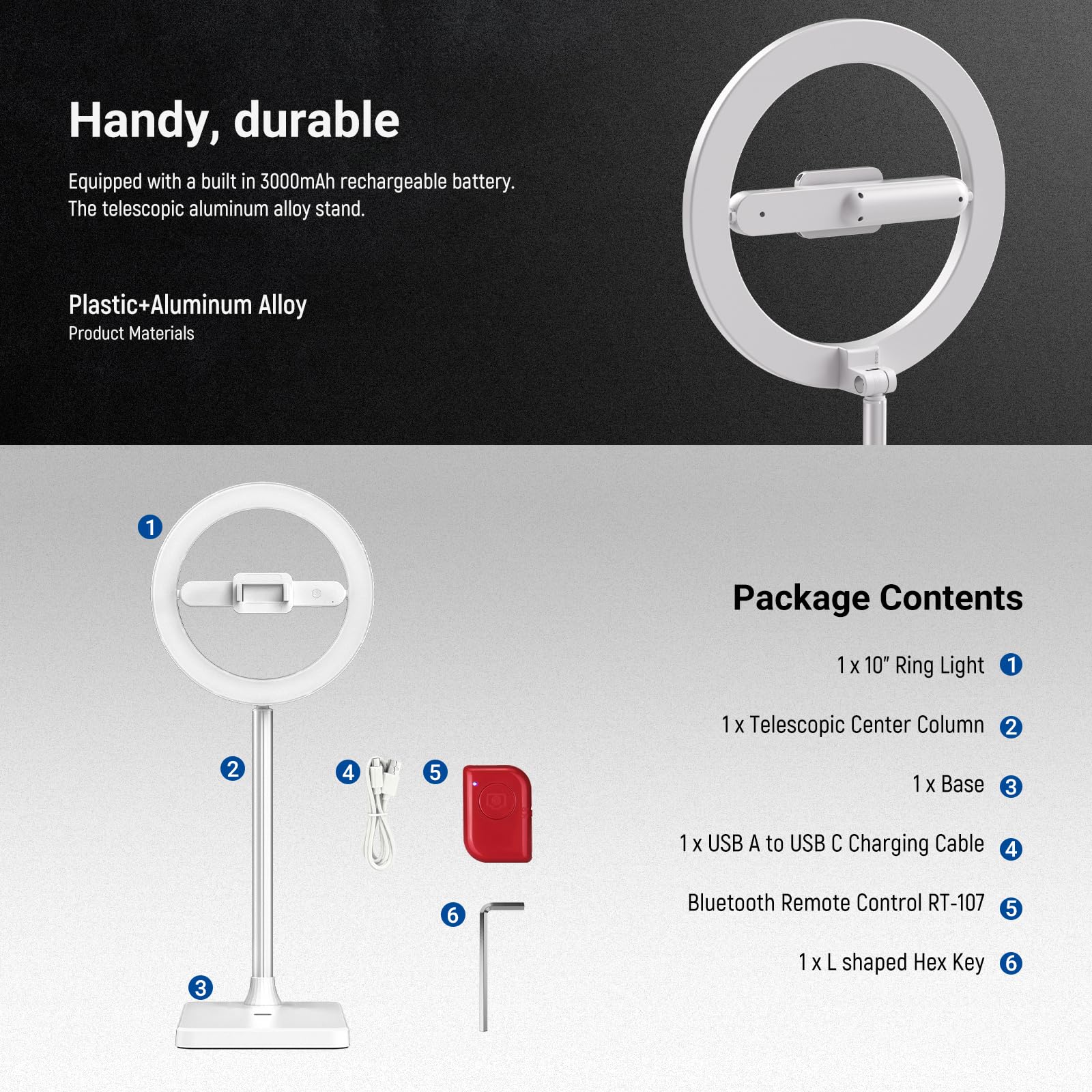 NEEWER Versión de Nivel de Entrada de 10 Pulgadas, 7 W, Anillo de luz LED con Soporte/Soporte para teléfono/3 Modos de Color, Anillo telescópico de 69 Pulgadas, iluminación para iPhone Streaming