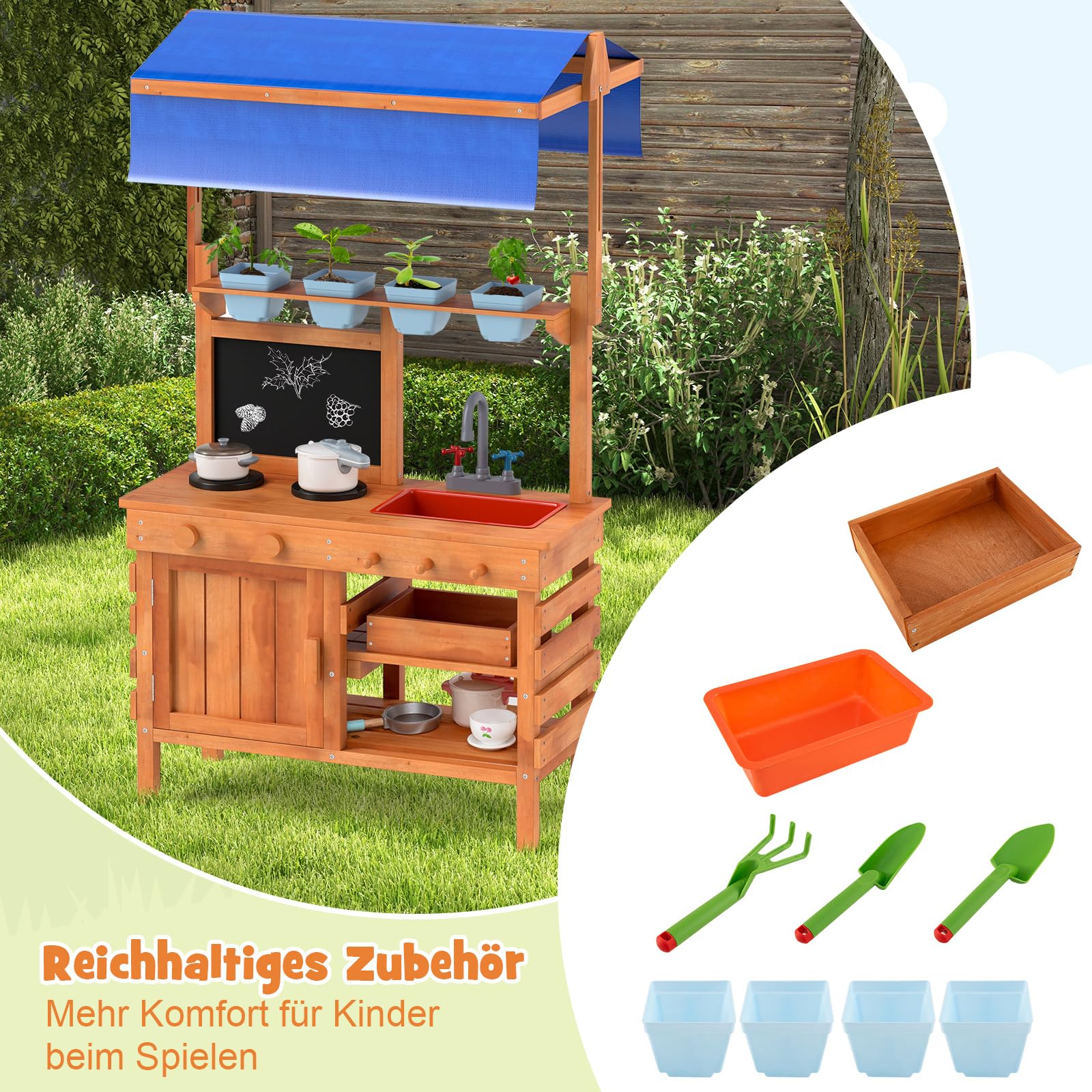 COSTWAY Matschküche Kinder Outdoor, Kinderküche Holz mit Sonnendach & Tafel & Pflanzbechern & Schaufeln, Spielküche mit Herd Spüle Schublade, Gartenküche Outdoor Küche für Kinder ab 3 Jahren