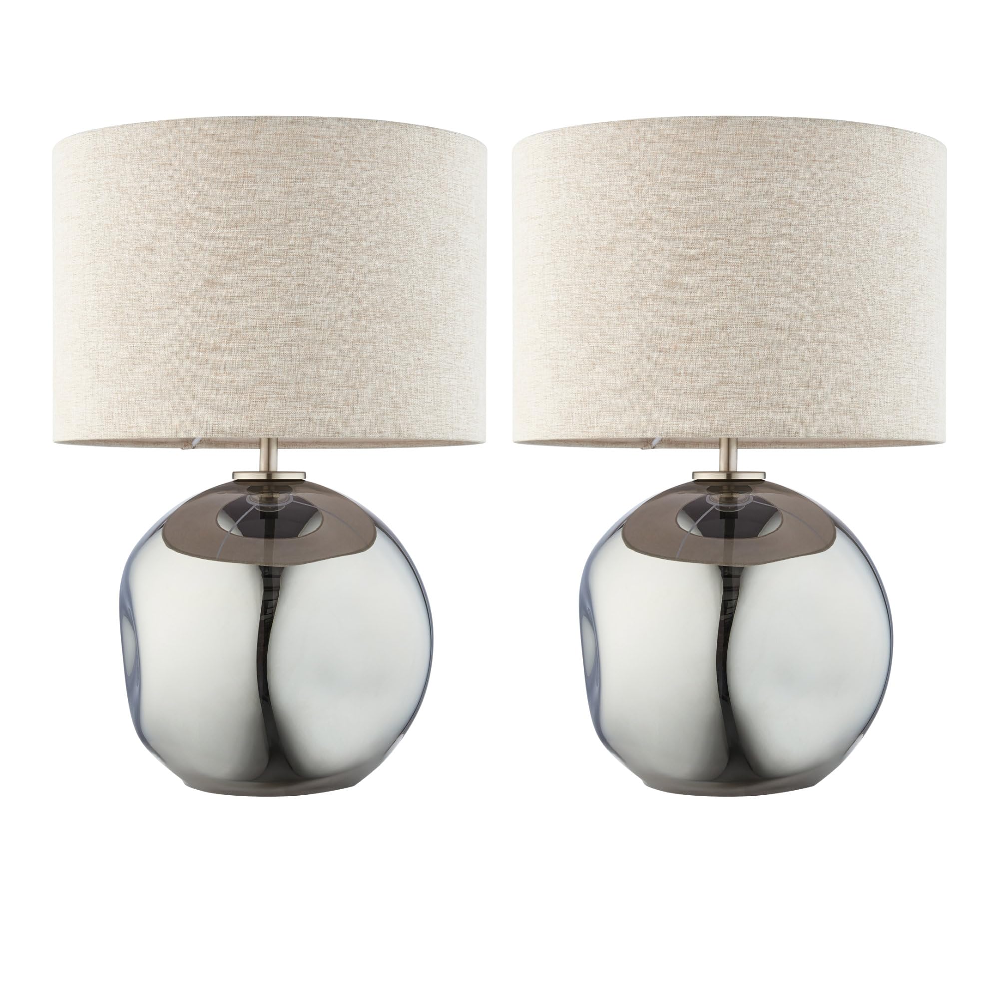 firstchoicelighting Set of 2 Modern Table Lamps or Bedside Lights, Smokey Mirror Dimpled Glass, Height 43cm, Fabric Shade