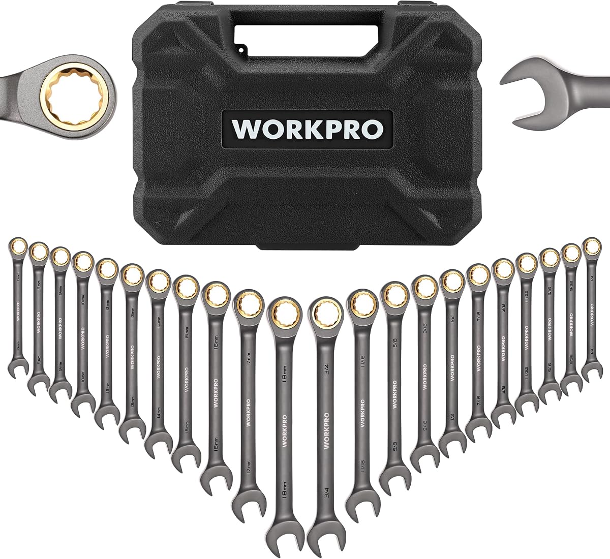 Juego de llaves combinadas de trinquete de 22 piezas con caja de herramientas, niquelado | con caja organizadora, métrico 6-18 mm y SAE 1/4-3/4", 72 dientes, para proyectos domésticos, reparación de automóviles, plomería, construcción, maquinaria