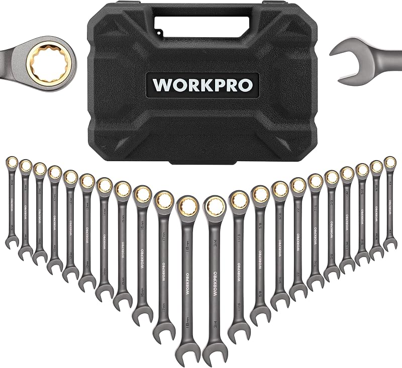 Juego de llaves combinadas de trinquete de 22 piezas con caja de herramientas, niquelado | con caja organizadora, métrico 6-18 mm y SAE 1/4-3/4", 72 dientes, para proyectos domésticos, reparación de automóviles, plomería, construcción, maquinaria