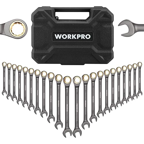 WORKPRO 22-Piece Ratcheting Wrench Set, Ratchet Combination Wrench Sets with Organizer Box, Nickel Plating, 72 Teeth, Metric 6-18mm & SAE 1/4-3/4"
