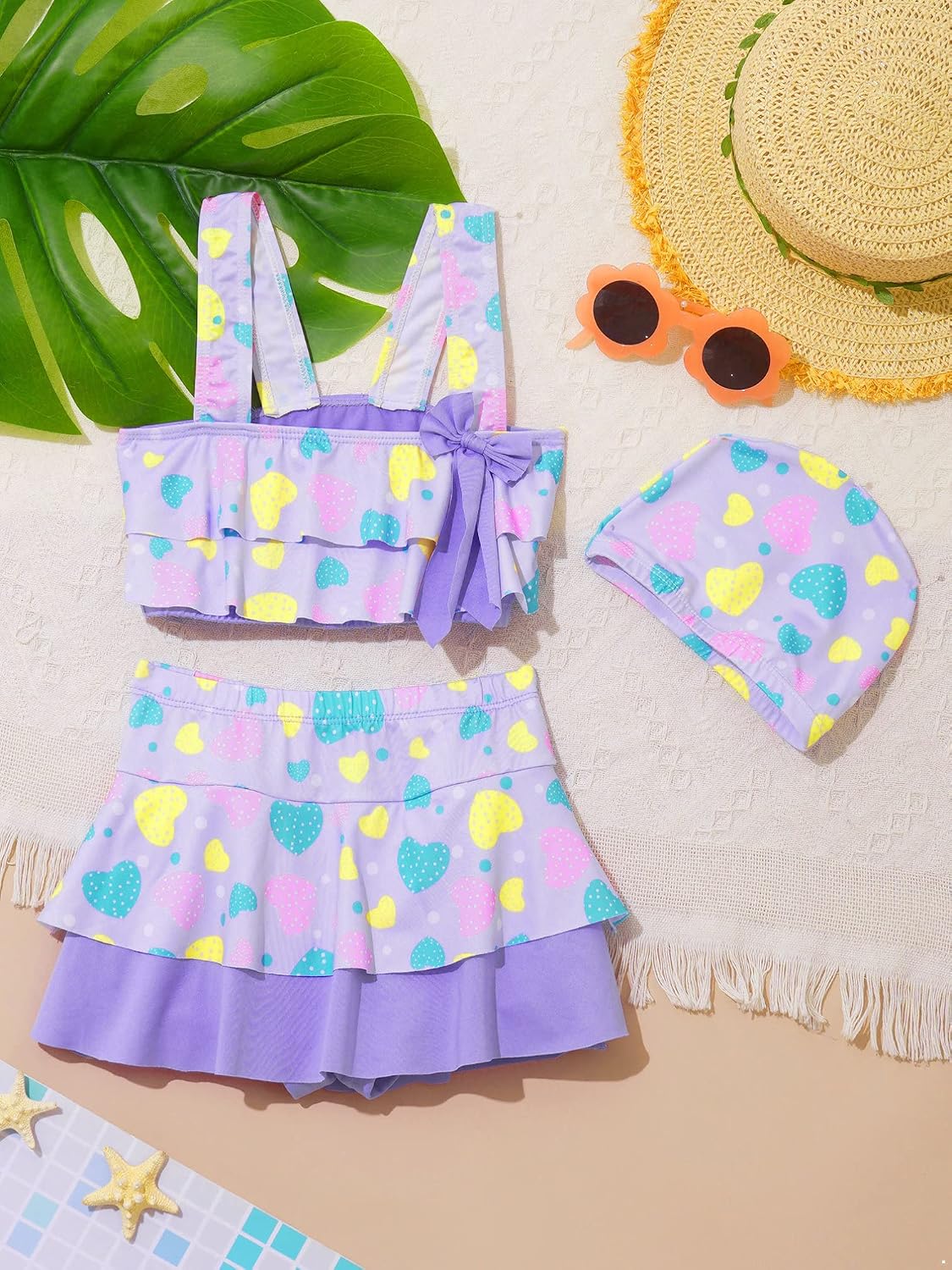 Rash Guard Swimwear for Kids Girls Flounces Bowknot Crop Tank Top with Built-in Shorts Skirts 3 Pcs Set