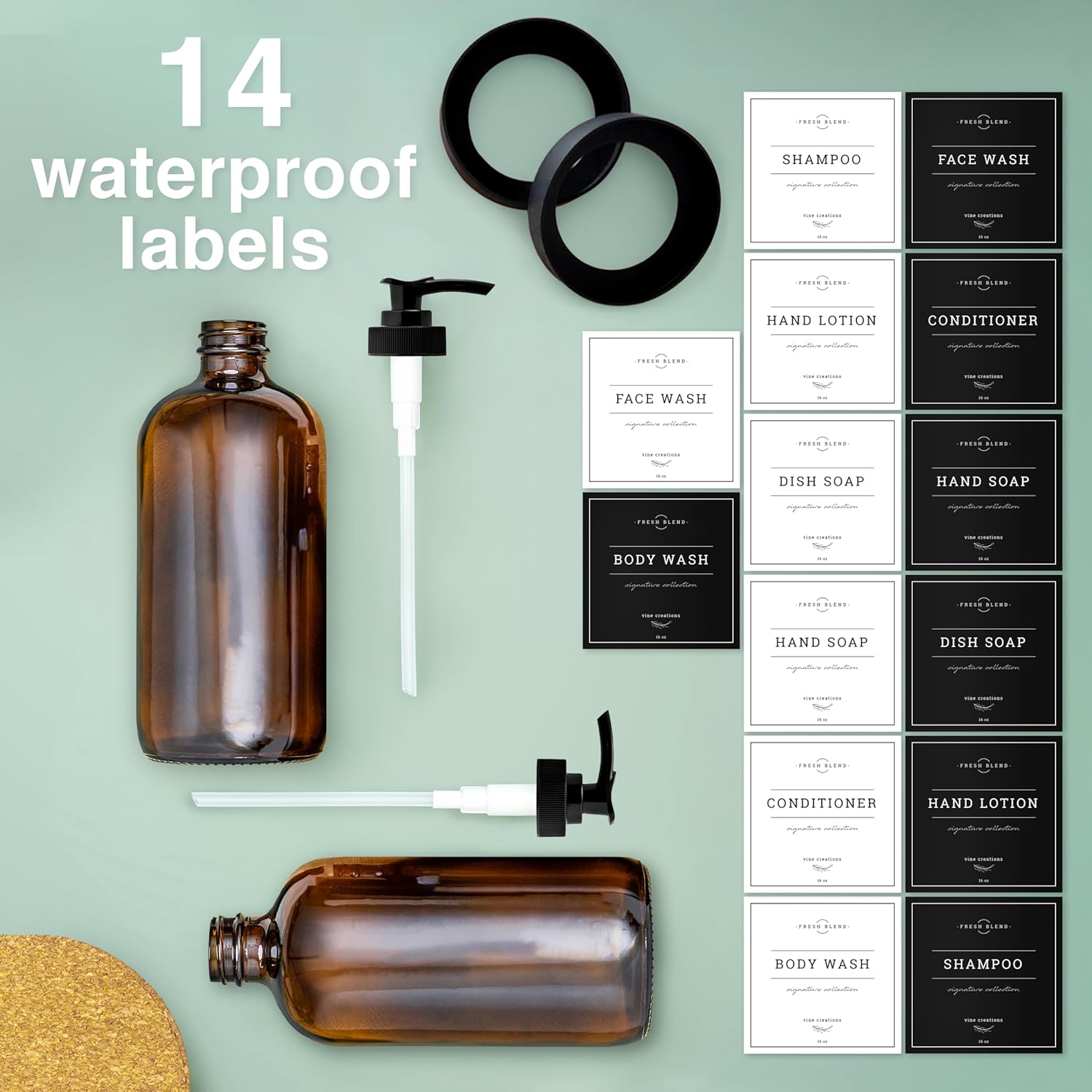 Vine Creations Amber Glass Soap Dispenser, 2 Pack Kitchen Soap Dispenser Set with Rustproof Pump, 16 oz Dish Soap and Hand Soap Dispensers for Bathroom with Waterproof Labels - Image 5