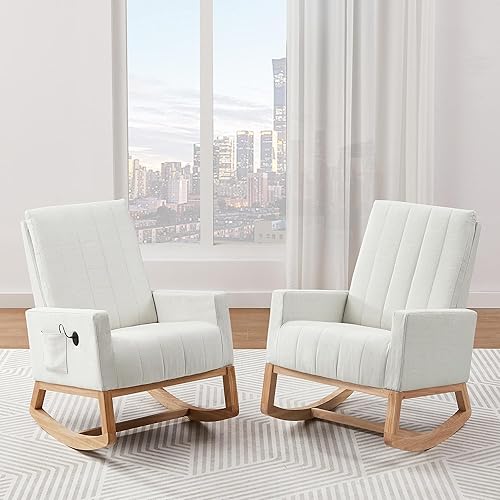 Miniatura 7 de VECELO Mecedora, mecedora tapizada para guardería, cómoda silla con base de madera maciza segura, puerto USBbolsillo lateral para sala de estar,