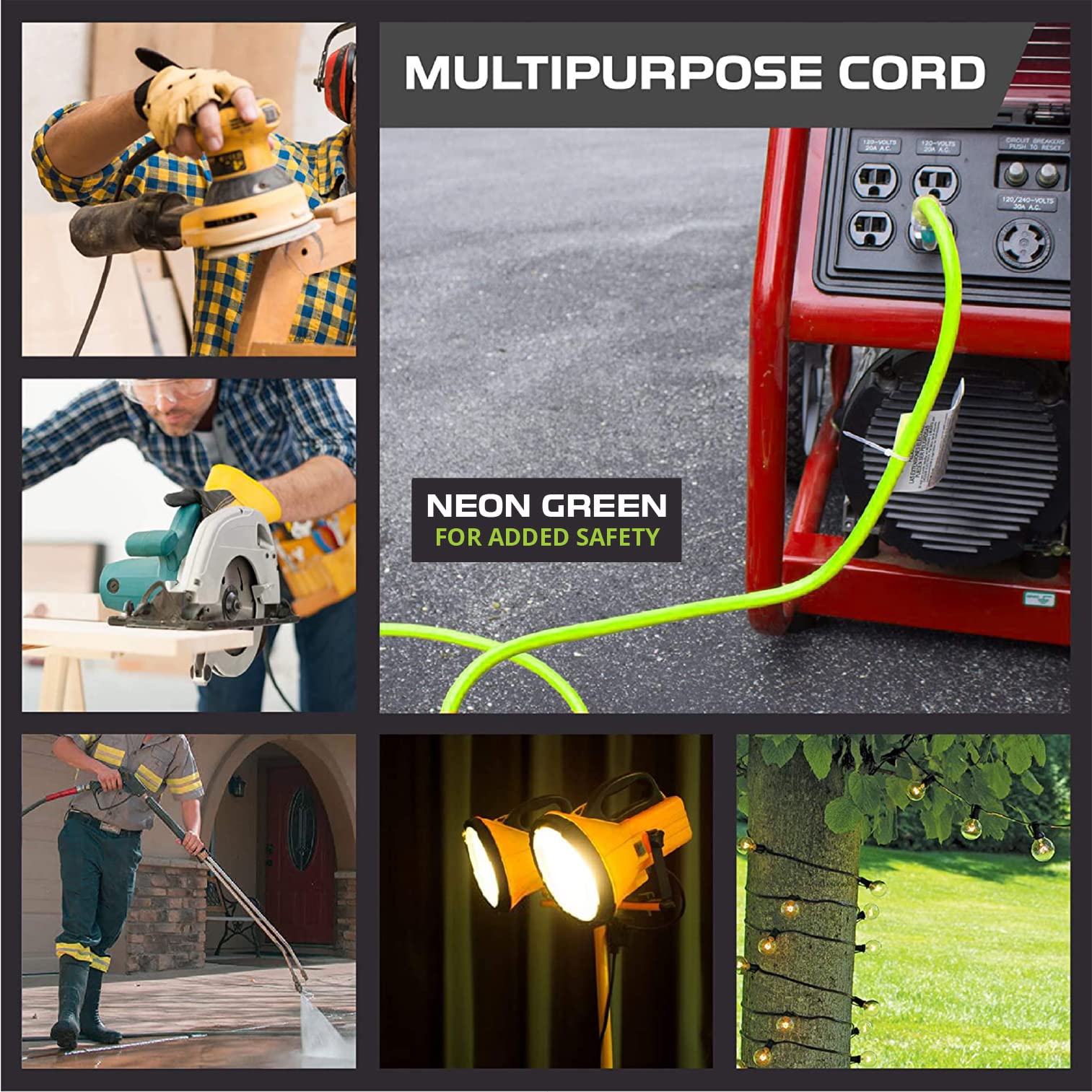 Cable de extensión para exteriores de 25 pies, 10/3 SJTW verde neón de alta visibilidad, cable de extensión de calibre 10 con enchufe a tierra de 3 puntas para mayor seguridad