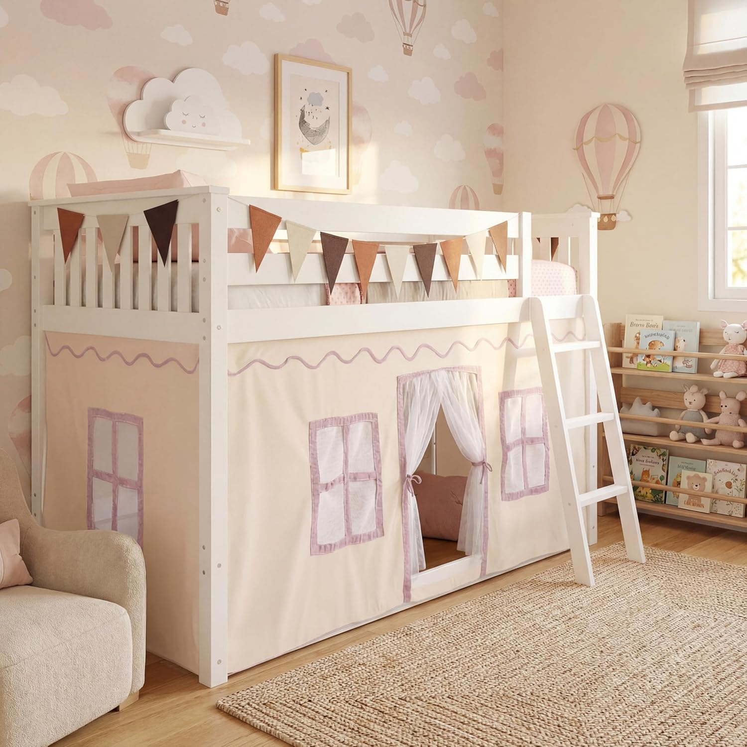 Breling 3 Panel Bunk Bed Curtains for Bottom Loft Bed Tent Set with Felt Flag Double-Layer Twin Bunk Curtains Playhouse Accessories for Boy Girl Bedroom(Cream)