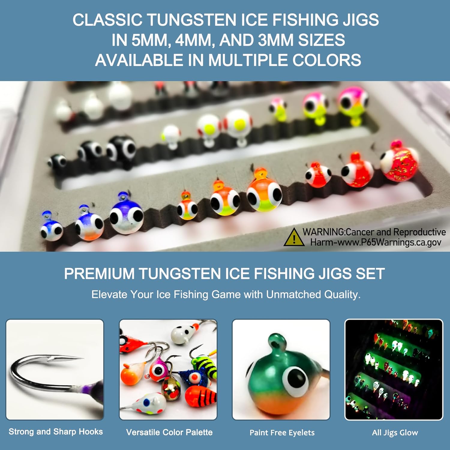 45Pcs Tungsten Ice Fishing Jigs Lures Kit, Micro Glow Tungsten Winter Jig Heads Hooks for Walleye Crappie Panfish Trout, Ice Fishing Gear Equipment Tackle Accessories