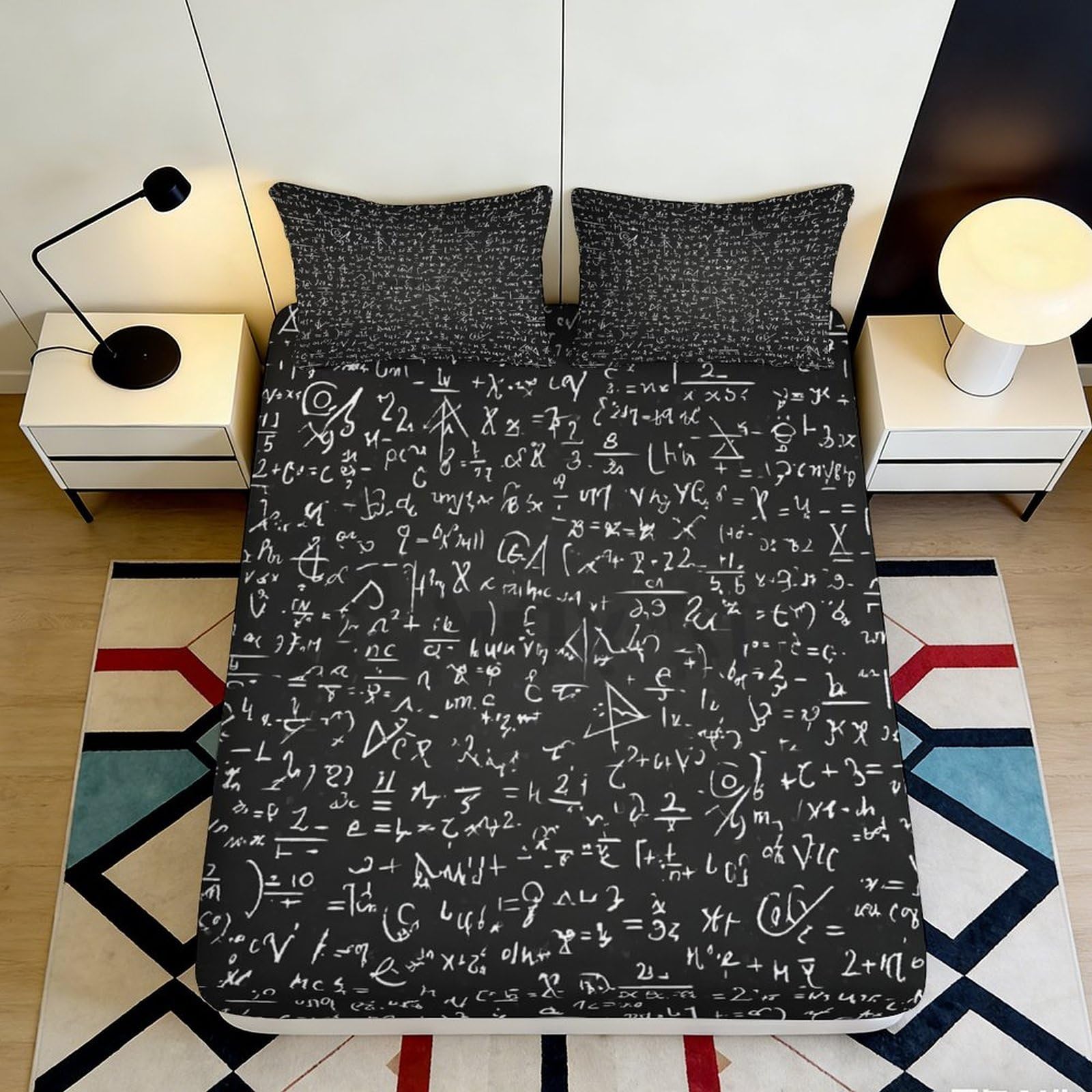3D Printed Math Formula Fitted Sheet Microfiber Soft Black White Science Equation Mattress Cover for Bedroom Dorm Easy Care 90x200x25cm