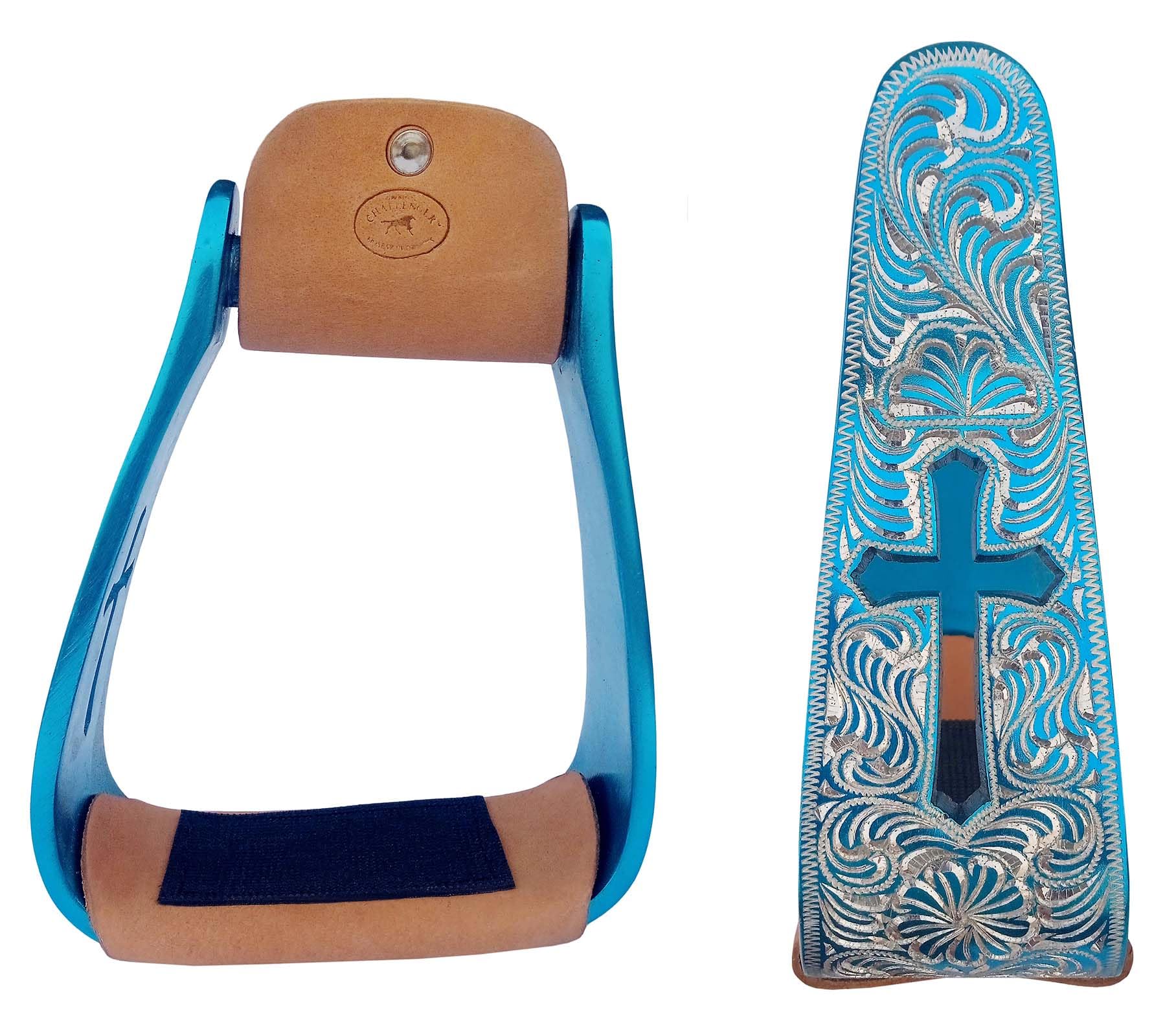 CHALLENGER Horse Western Turquoise Aluminium Engraved Cross Cut-Out Angled Stirrups 51211TR