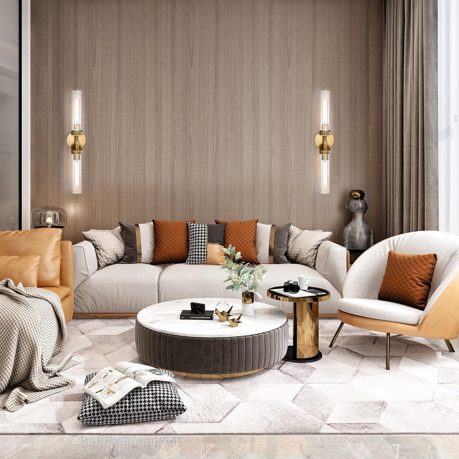 2-Light Bathroom Vanity Light,Knurled Texture Linear Gold Wall Sconces,Clear Glass Tube Vanity Lighting Fixtures,Modern Wall Mounted Light,Indoor Wall Lights for Living Room,Bedroom,Hallway