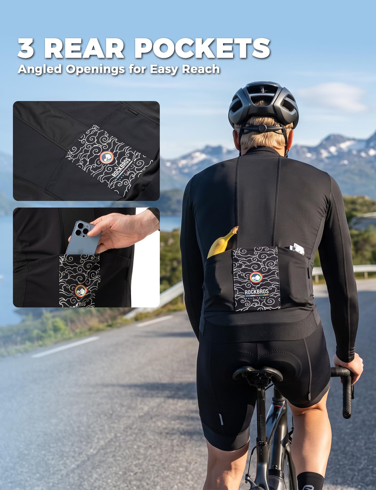 ROCKBROS Road to Sky Maglia Ciclismo Uomo, Elastico Antivento Sportivo | Manica Lunga Asciugatura Rapida, 3 Tasche con orlo antiscivolo, Traspirante per MTB, Gravel, Bici da Strada
