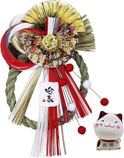 Amazon Co Jp 大阪長生堂 しめ縄 玄関 しめ縄飾り おしゃれ 注連縄 リース しめ飾り お正月飾り フック付き 縦約22cm 絢爛舞扇 おみくじ招き猫付き おもちゃ