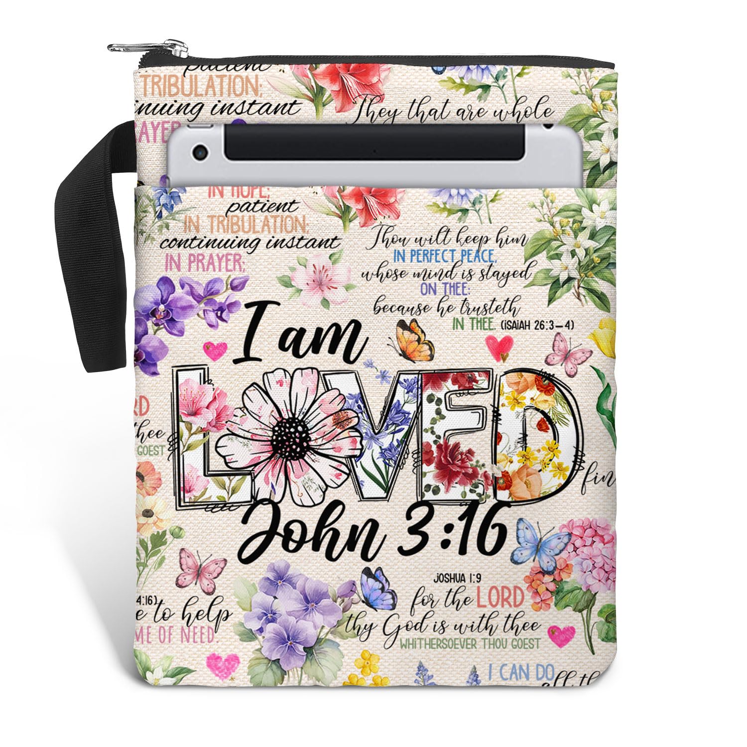 Book Cover Bag with Zipper and Front Pocket. Christian Faith Religious Gift for Book Lovers. Washable Fabric 11 X 8.5 Bible Book Sleeve Bag. Padded Protector Pouch. I am Loved.