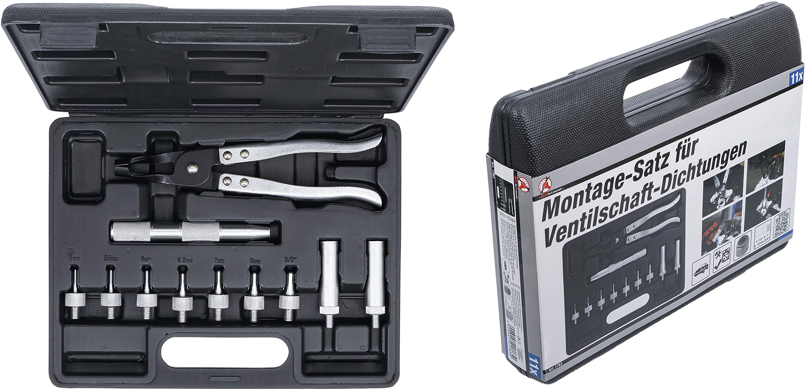 BGS Diy 1783 | Kit de montage pour joints de queue de soupape | Pince de démontage | Mandrin de montage | Adaptateur 5 mm, 5,5 mm, 6 mm, 6,5 mm, 7 mm, 8 mm, 10 mm (3/8")