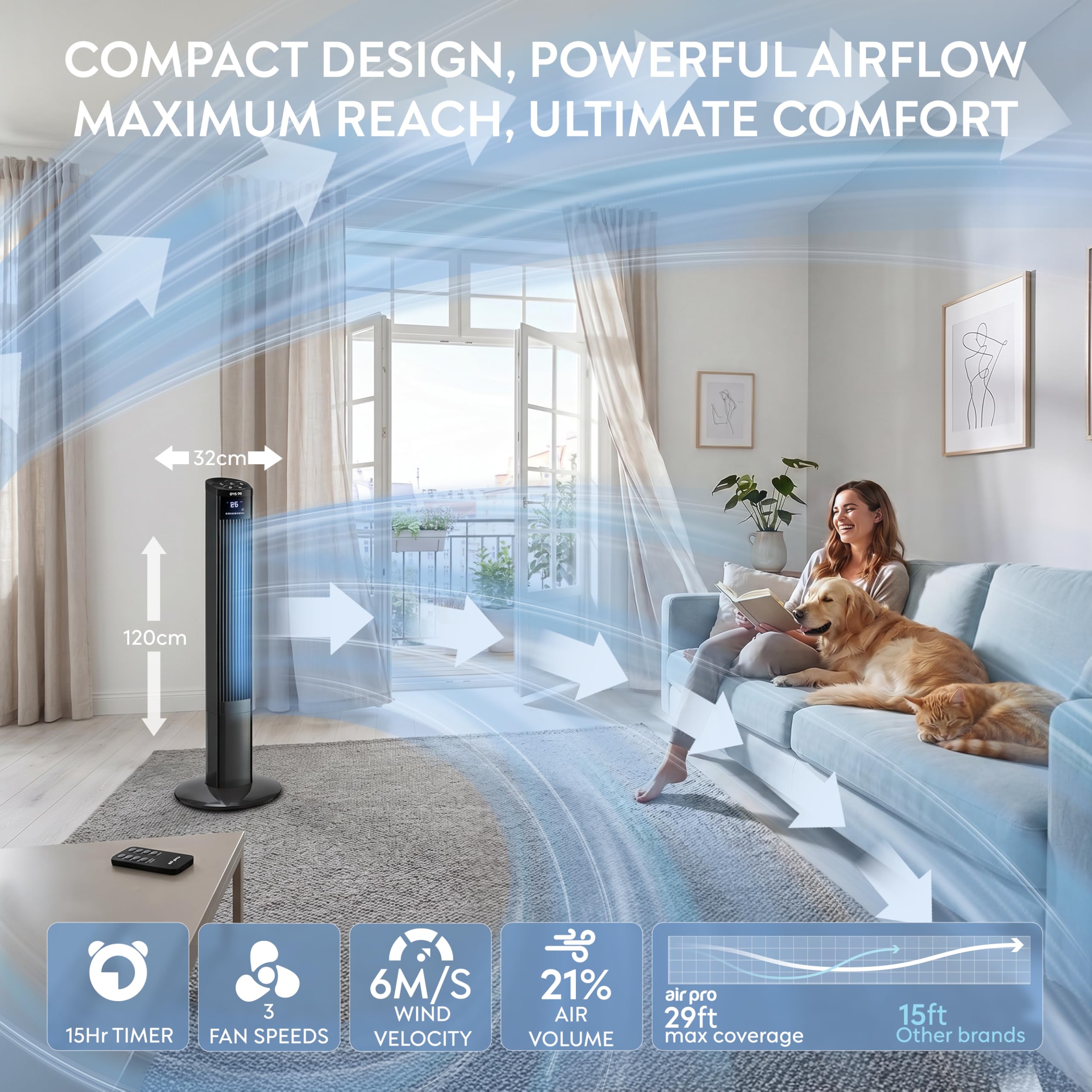 Air Pro 48" Tower Fan Oscillating Bladeless Fan with Remote Control - Tall Compact 3 Speeds Quiet 55W Motor Cooling Fan - Floor Standing Fan for Home Office - LED Display 15 Hour Timer