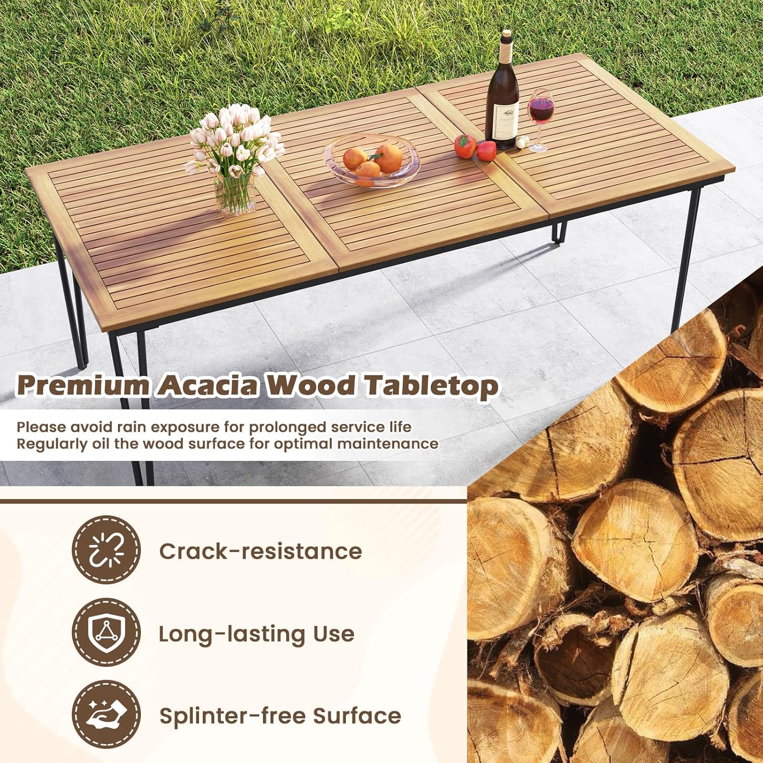 RELAX4LIFE Wooden Outdoor Dining Table for 8, 79" Rectangular Table w/Acacia Wood Slatted Top, Umbrella Hole & Metal Legs, Indoor Outdoor Bistro Table for Porch Garden, 8-Person Patio Dining Table