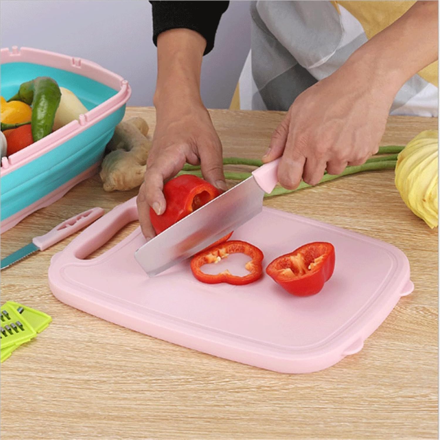 Cutting Board 9 in 1 Multi-Function Cutting Boards Kitchen Tools Set Chopping Board Folding Drain Basket Sink Cutting Boards Kit (Color : Green) (Pink)