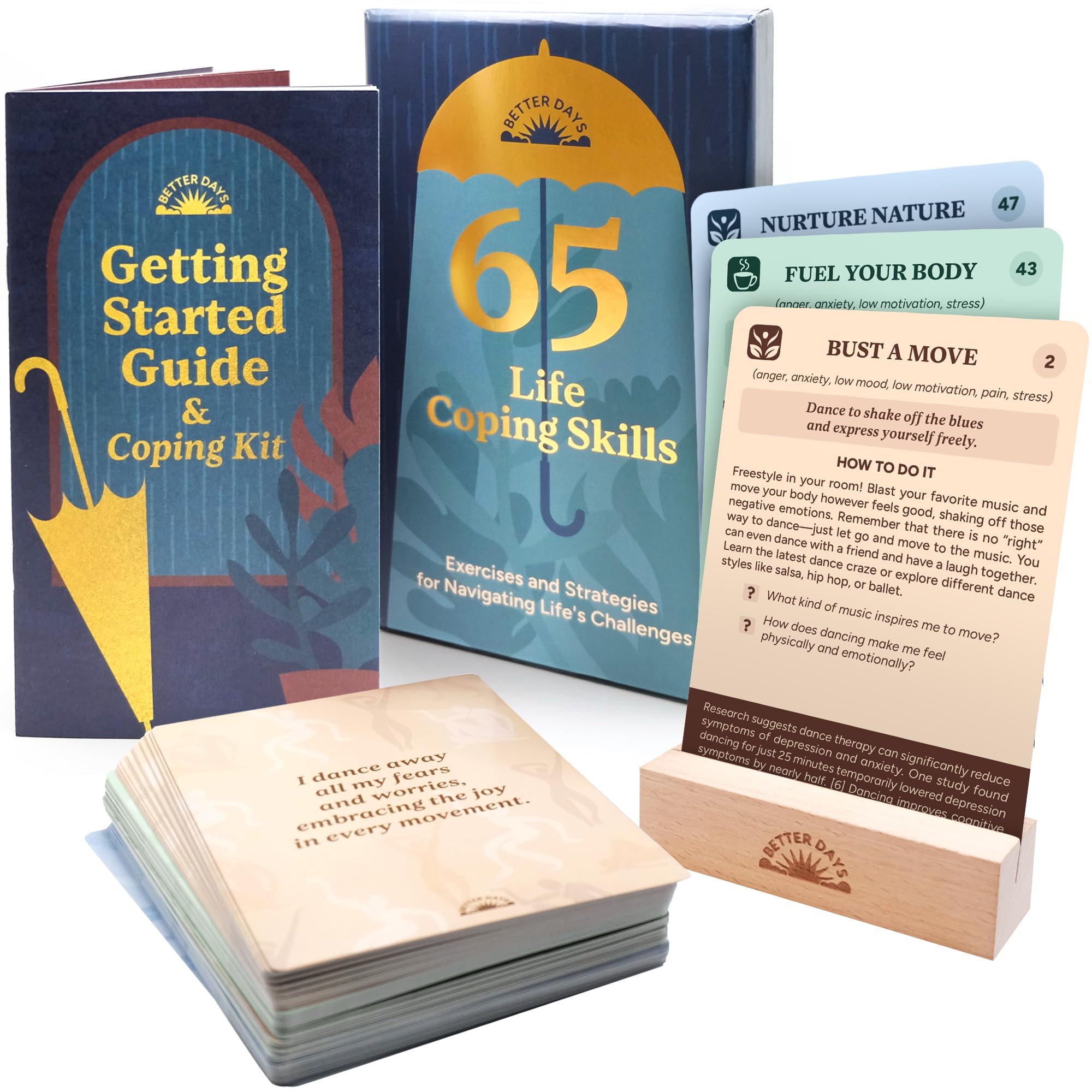 Better Days Coping Cards - 65 Skills & Exercises to Cope with Stress, Anxiety, & Anger - 3.5" x 5" Therapy Flashcards with Affirmations and Guidebook - Nurture Emotional Resilience & Mental Health