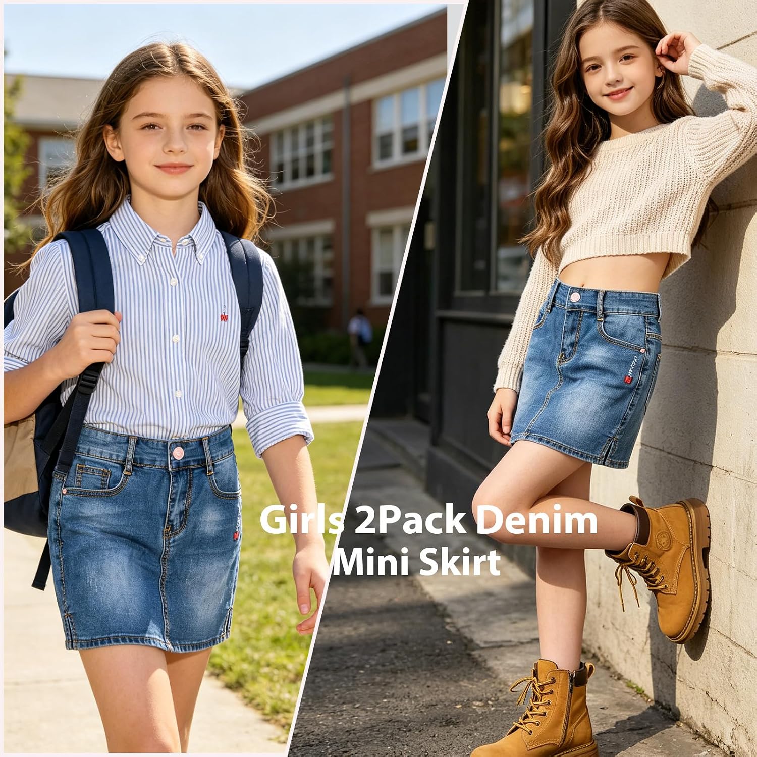 ABALACOCO Jean Skirt for Girls 2Pack Denim Mini Skirt Shorts A-Line Kids Dress,Stretchy Waist Cotton Soft Button Wear 3-14T