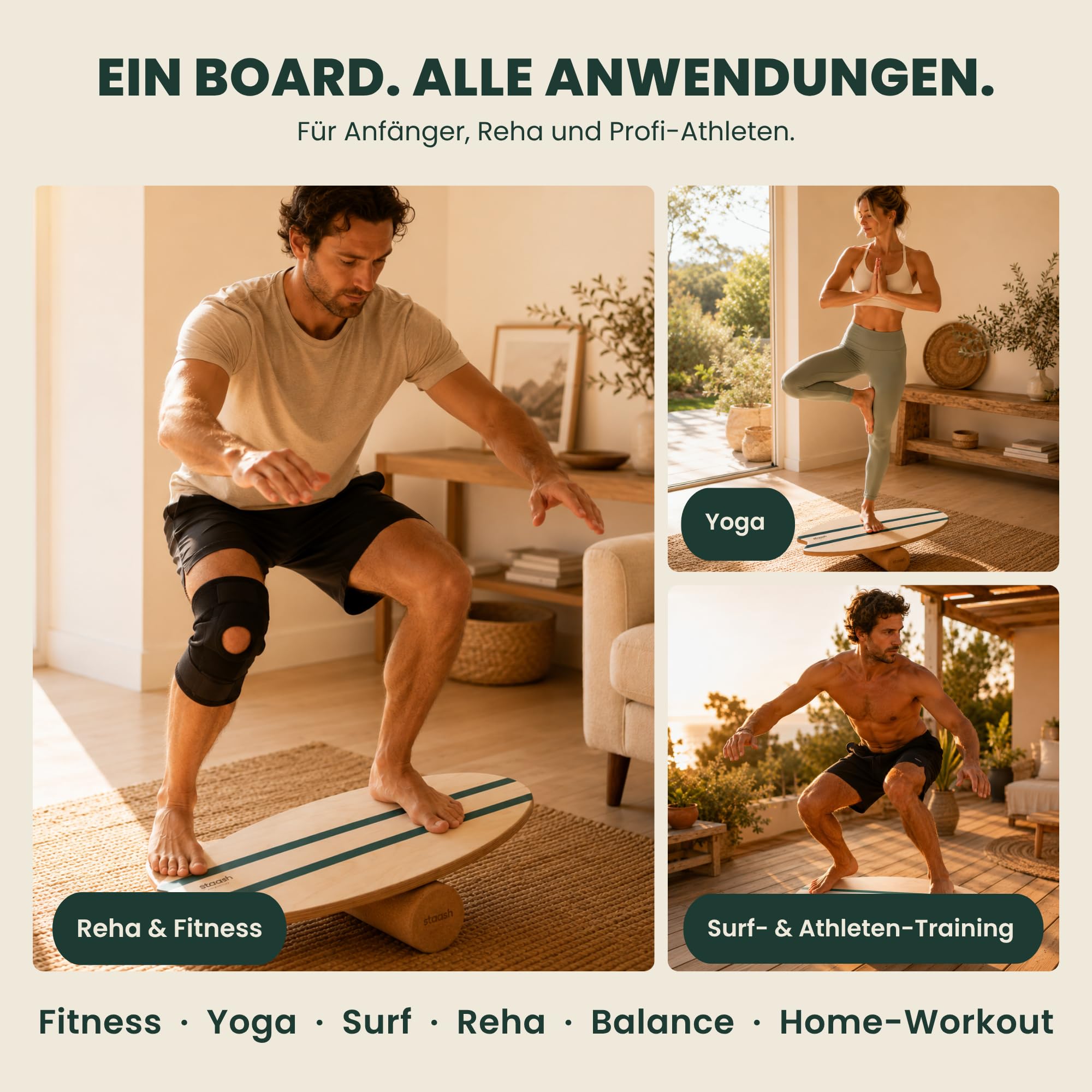 STAASH® Balance Board Holz 5in1 - Wackelbrett Set mit Trainings-App