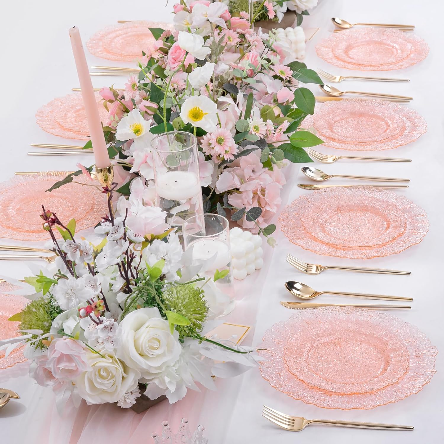 U-QE 60PCS Pink Plates for Party - Pink Plastic Plates Disposable Heavy Duty - Clear Pink Plastic Plates for Mother's Day Including 30 Plastic Dinner Plates 10" & 30 Plastic Dessert Plates 7"