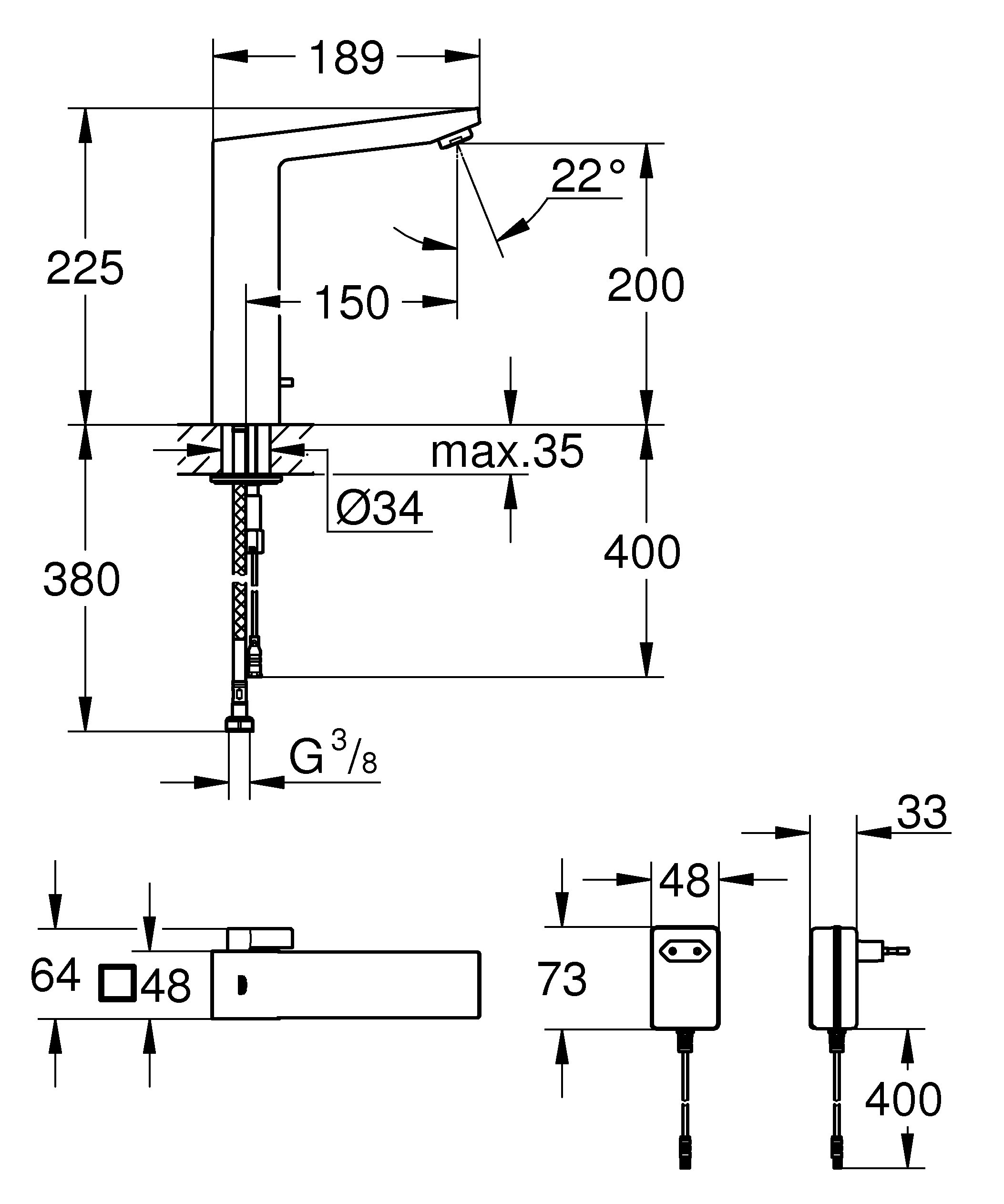 GROHE 36440000 - Eurocube E Mezclador de lavabo electrónico 1/2" Tamaño M con mezclador y limitador ajustable de temperatura