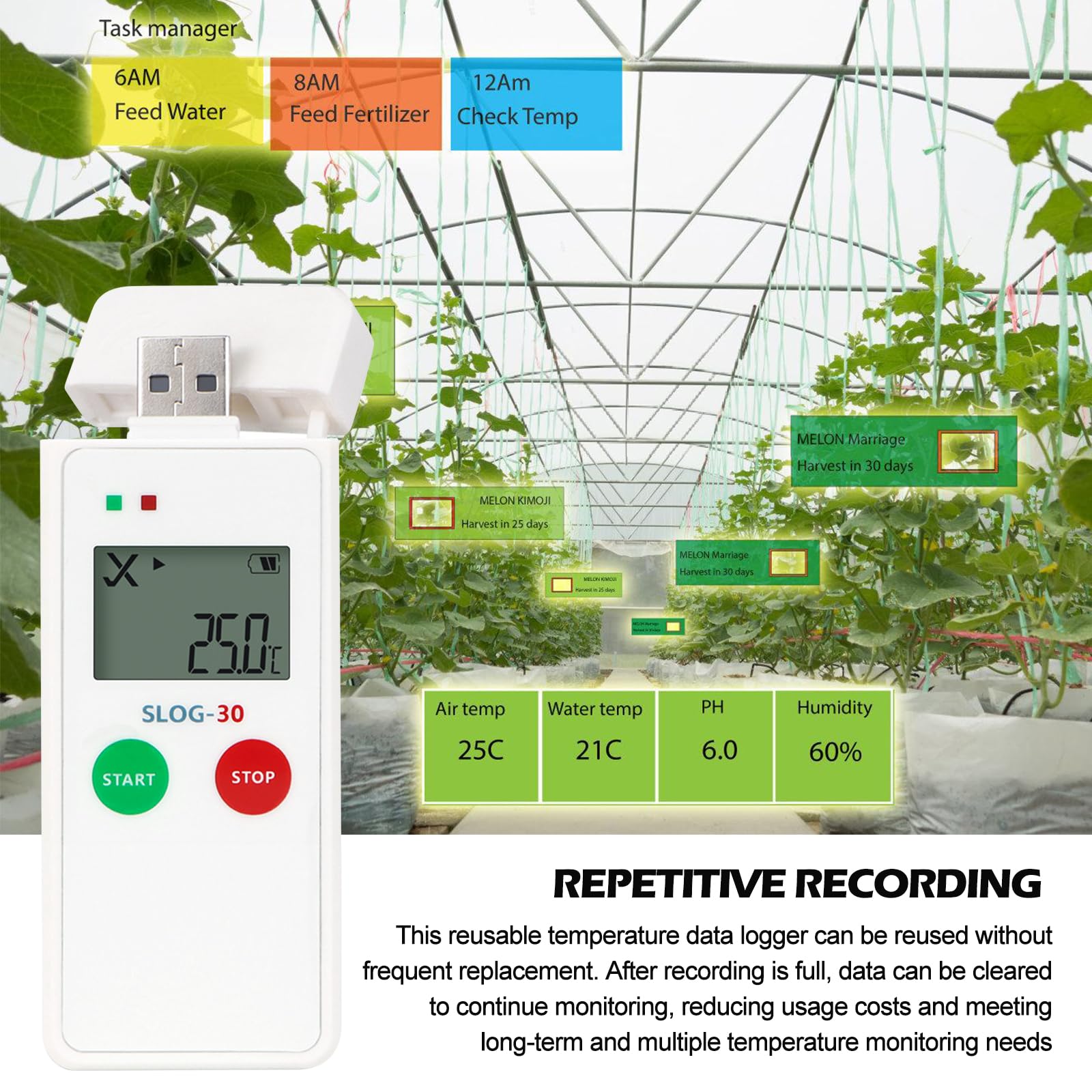 Registratore dati di temperatura, registratore dati USB per temperatura e umidità, registratore di temperatura riutilizzabile, 65000 punti, registratore di temperatura ad alta precisione con LCD PDF