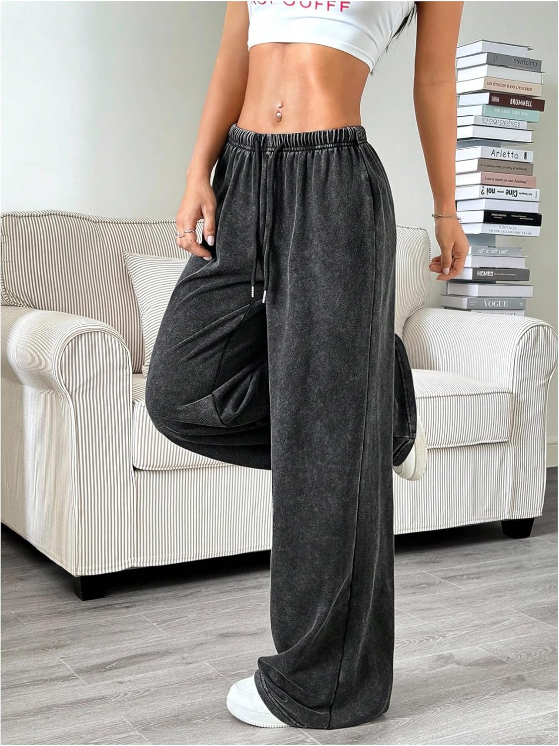 Women's Acid Washed Baggy Sweatpants Drawstring Waist Wide Straight Leg Track Pants - Image 2