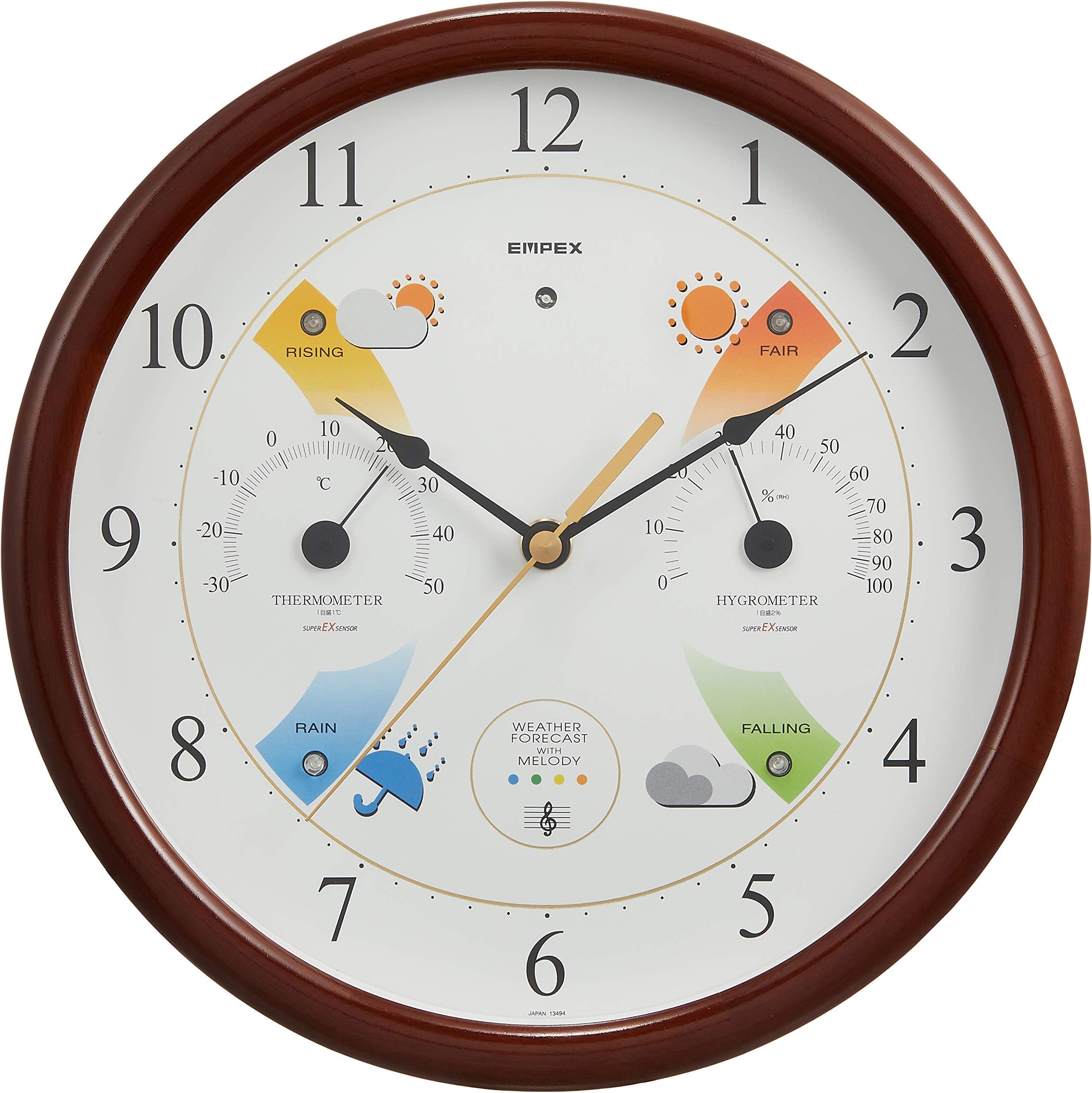 Empex EX-5478 Meteorological Thermometer, Hygrometer, Super EX Melody Weather Station, Weather Forecast Function, Wall Mounted, Made in Japan, Brown