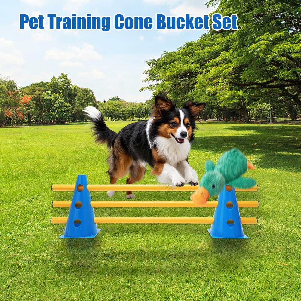 LOMUG Agility Lot de 5 obstacles d'agilité pour chien, enfant, kit de 5 obstacles pour chevaux, parcours canins, cônes, obstacles d'entraînement réglables, avec barre de 80 cm et 10 cônes