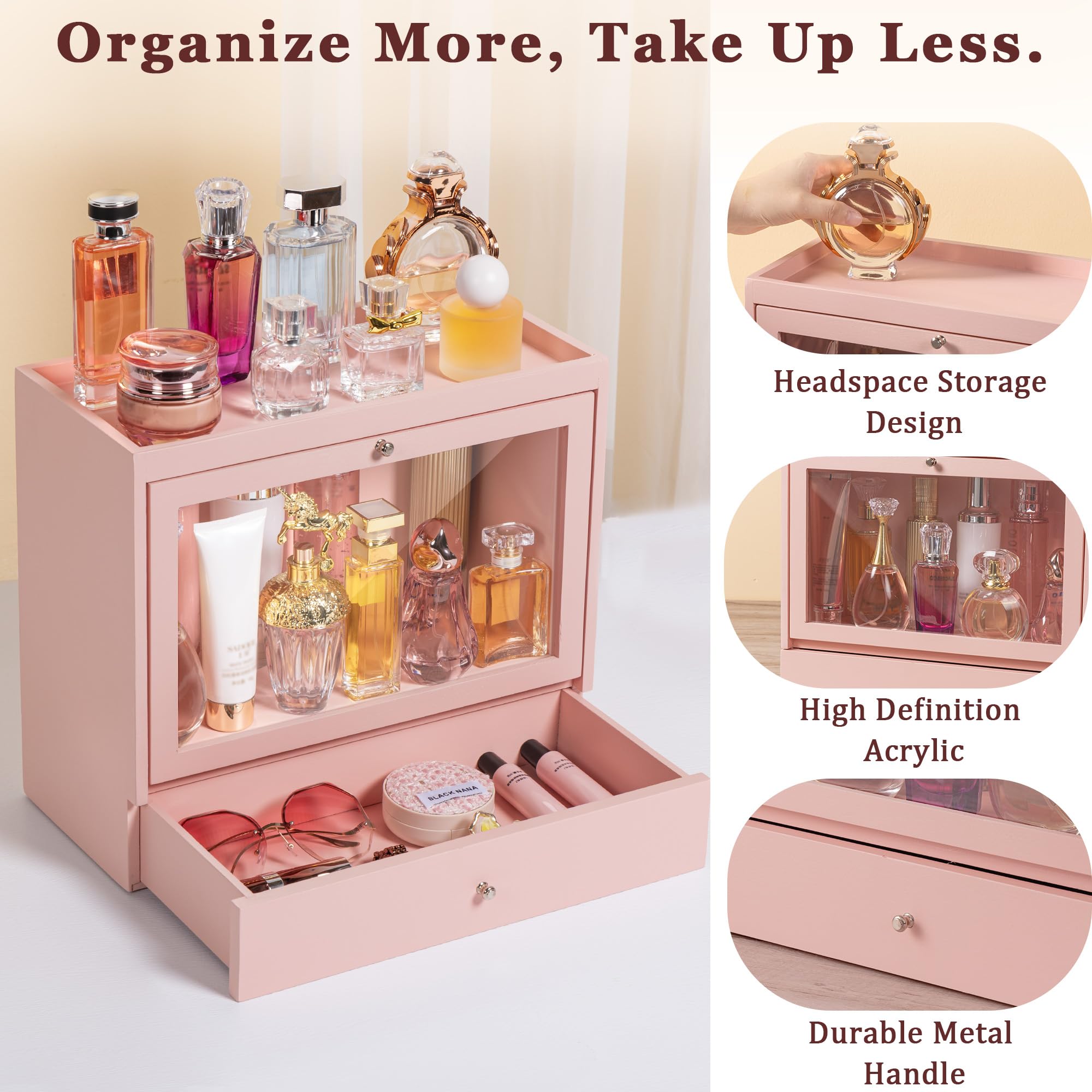 Soporte de colonia, organizador de perfume de madera maciza para hombre, organizador de perfume a prueba de polvo de gran capacidad con cajón de almacenamiento de perfumes, joyas y cosméticos