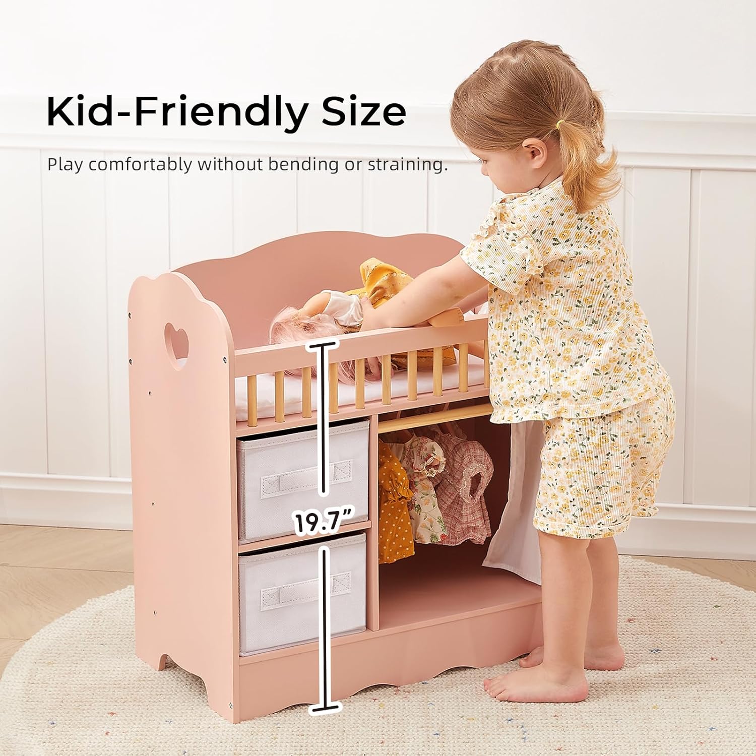 OOOK Baby Doll Crib, Wooden Baby Doll Bed and Changing Table, Dollhouse Furniture with Two Storage Box, Bedding and Coat Hangers, Nursery Playset Suitable for Dolls Under 22 Inches, Pink - Image 6