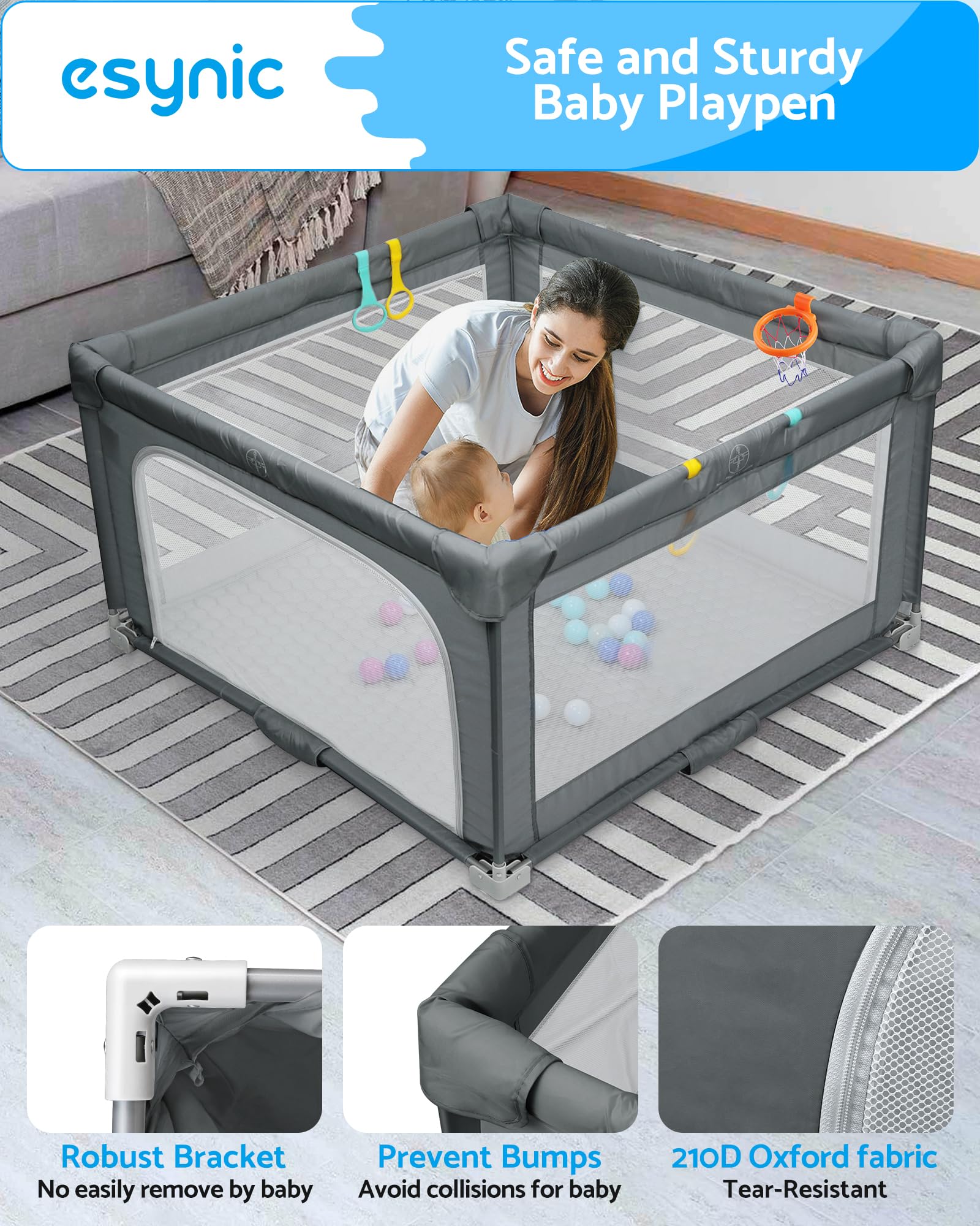 eSynic Corralito Bebé Portátil 150x150cm, Parque Infantil Plegable con Alfombrilla + 50 Bolas, Canasta Baloncesto, Malla Transpirable, 4 Agarraderas y Bolsa Transporte - Juegos Seguros para Bebé
